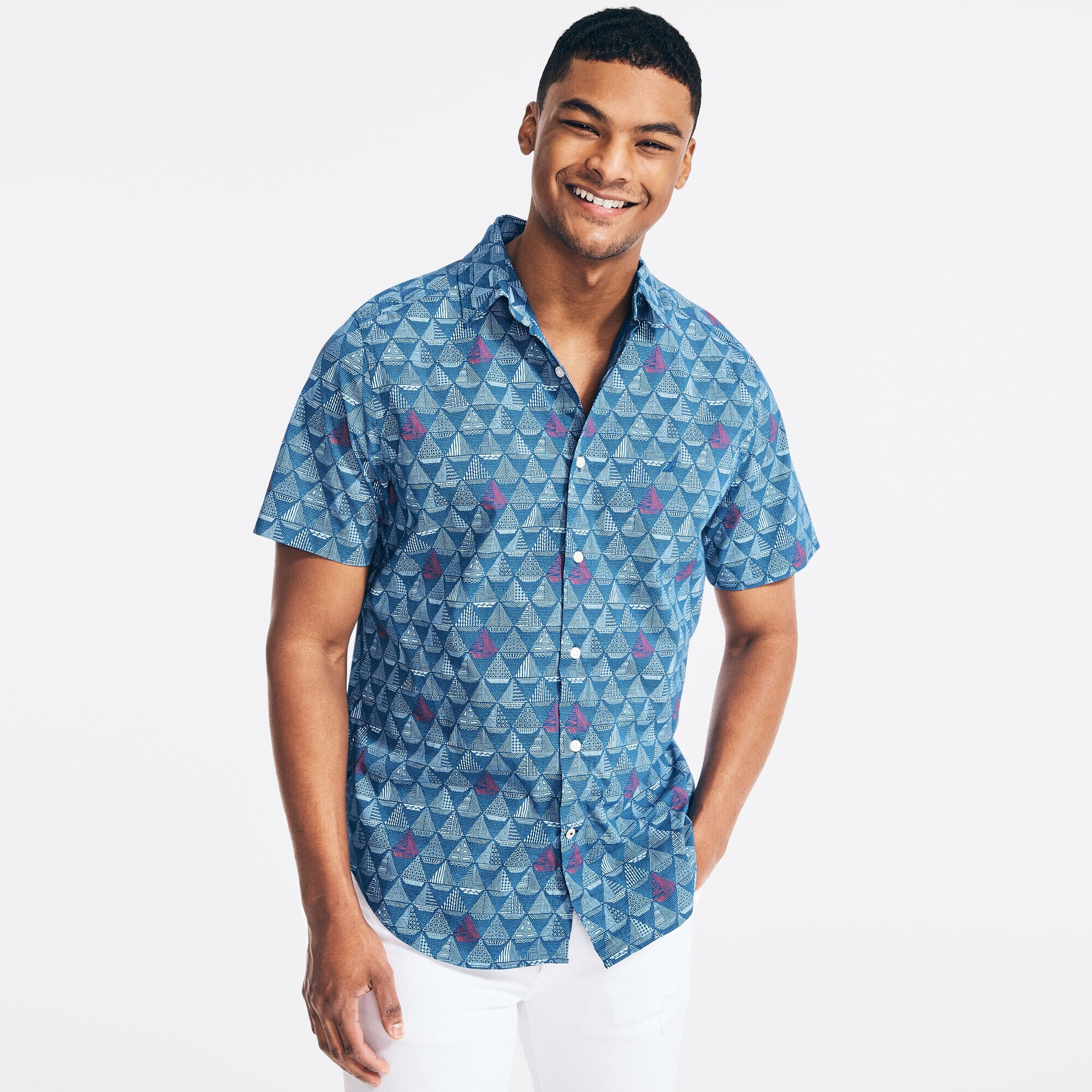 CLASSIC FIT STRETCH POPLIN SHIRT IN GEOMETRIC BOAT PRINT,Limoges,large