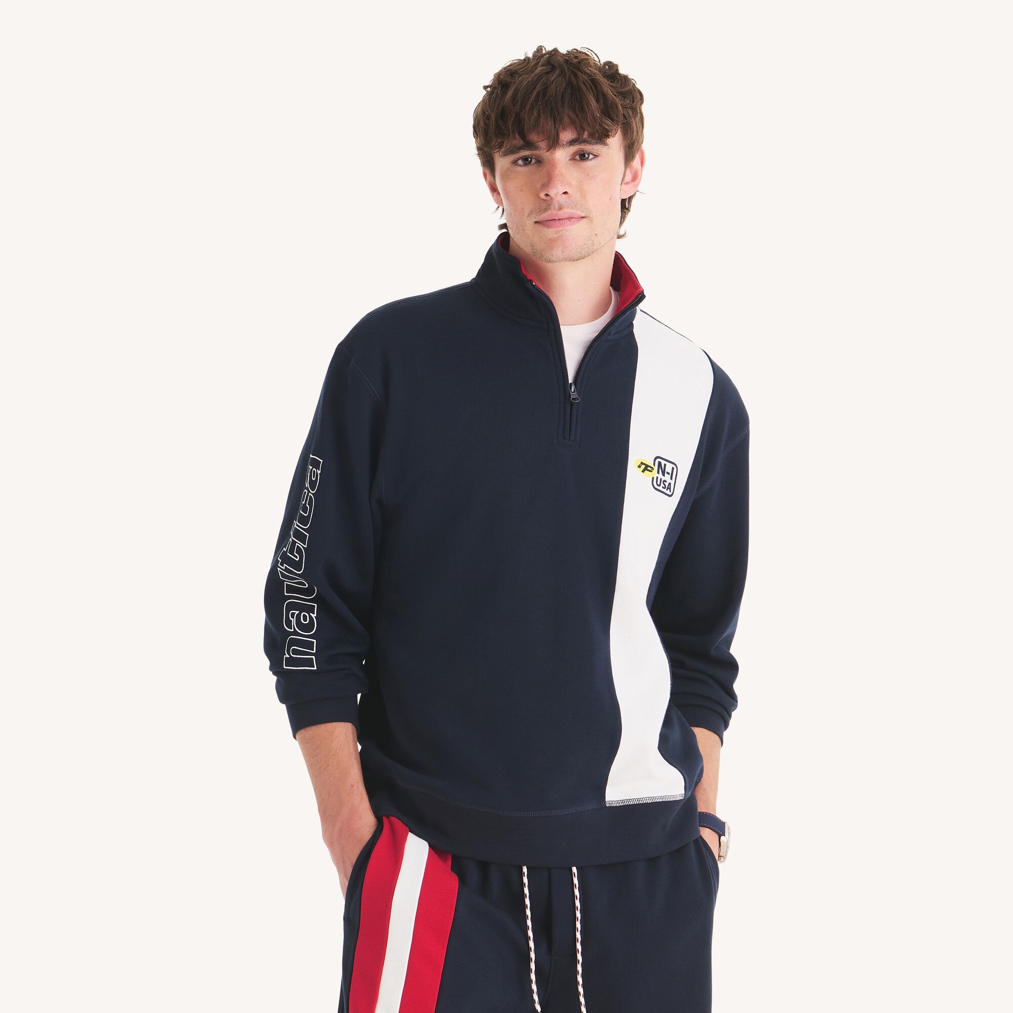 Colorblock Quarter-Zip Sweatshirt,Navy,large