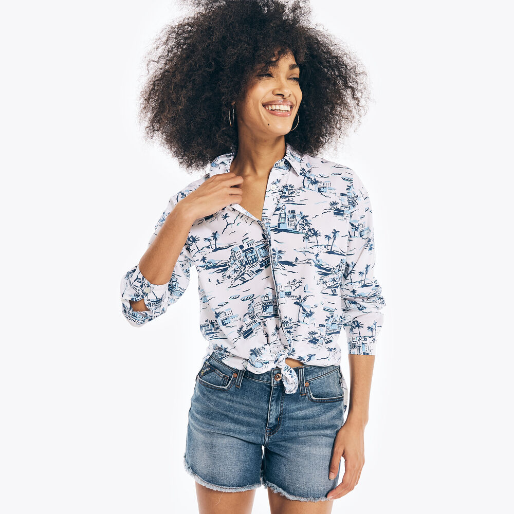 SUSTAINABLY CRAFTED PRINTED WEEKEND SHIRT,Bright White,large