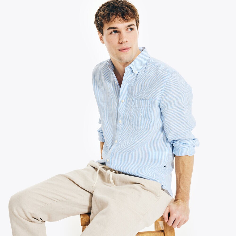 CLASSIC FIT STRIPED LINEN SHIRT,Clear Sky Blue,large