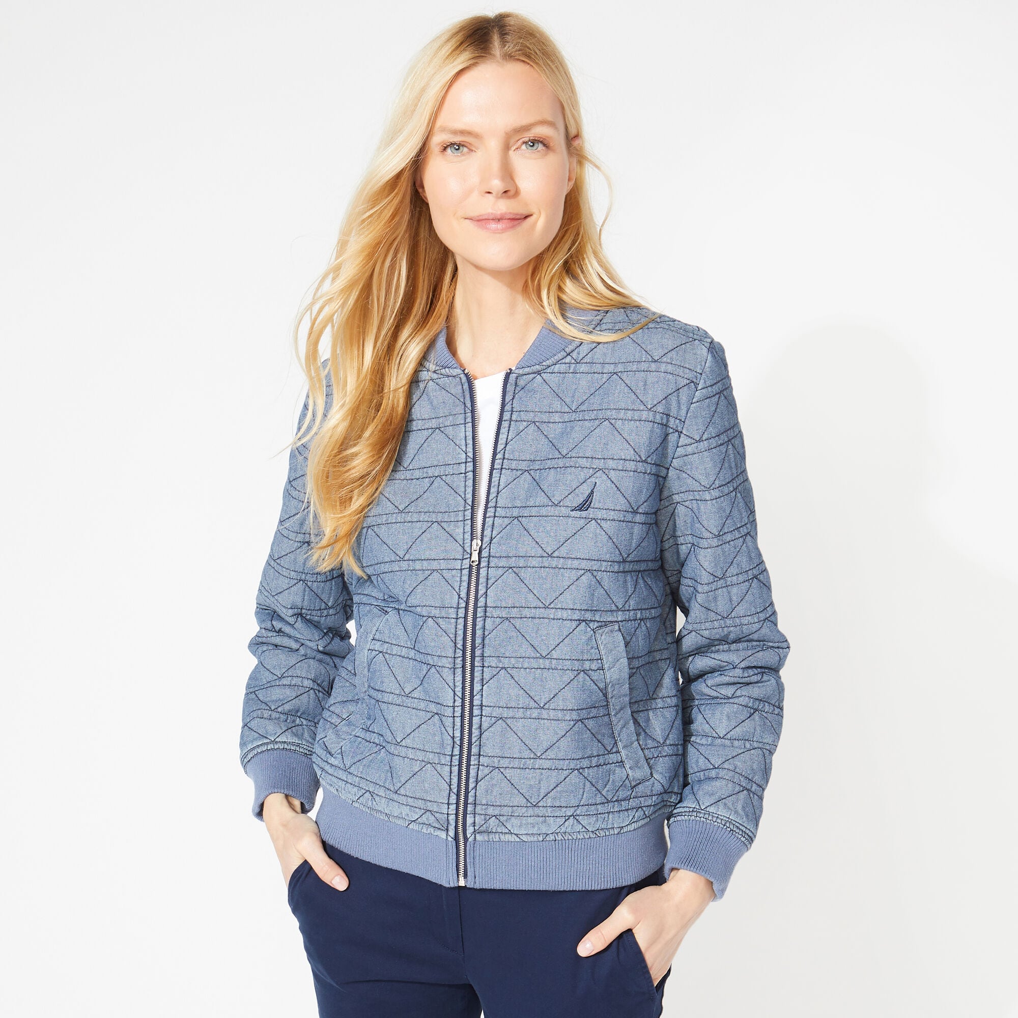 QUILTED CHAMBRAY BOMBER JACKET,Star Turquoise,large
