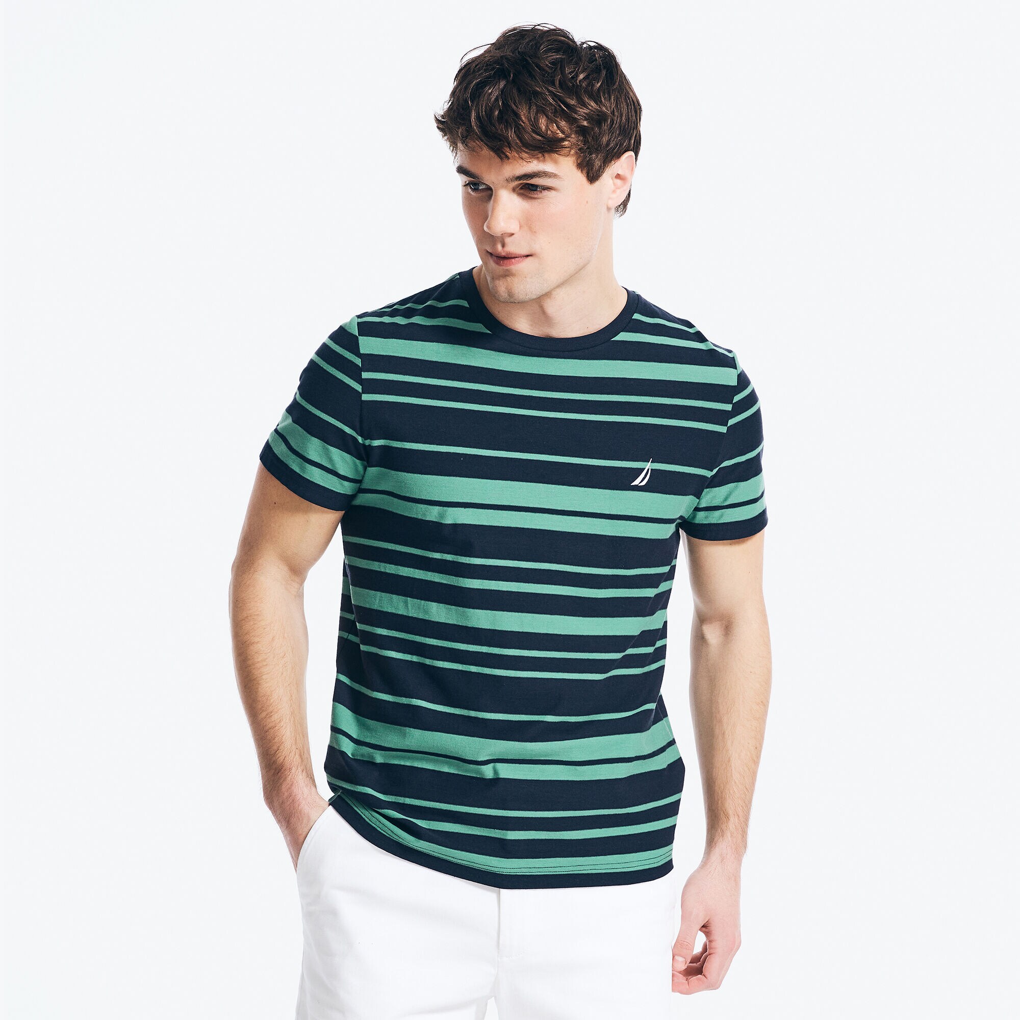 STITCHED-STRIPE T-SHIRT,Navy,large