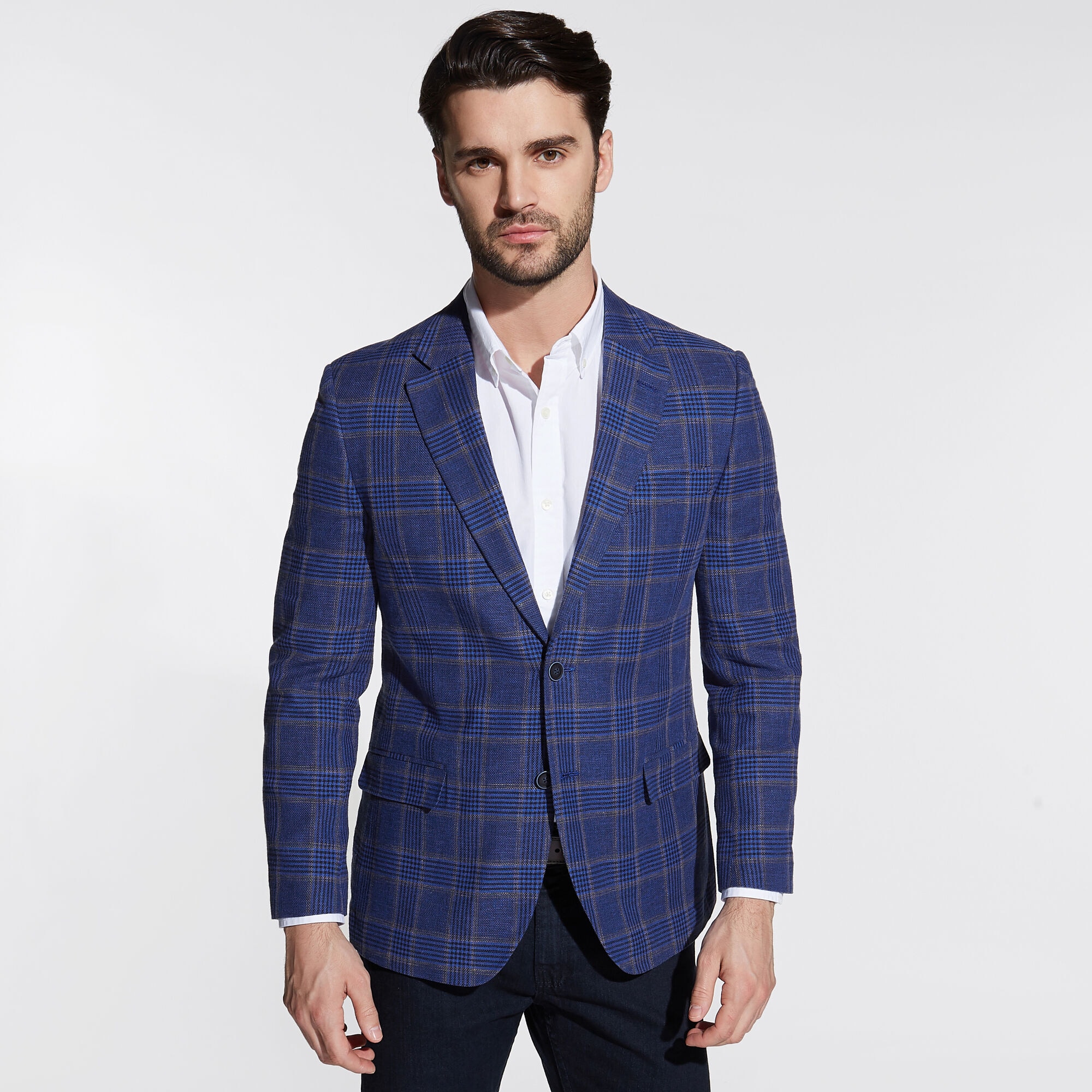BRIELLE STRETCH COTTON JACKET IN PLAID,Ice Blue,large
