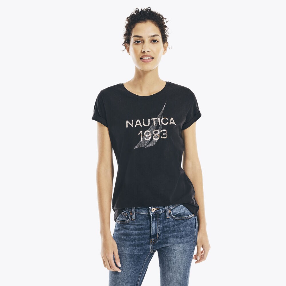 SEQUIN LOGO T-SHIRT,True Black,large