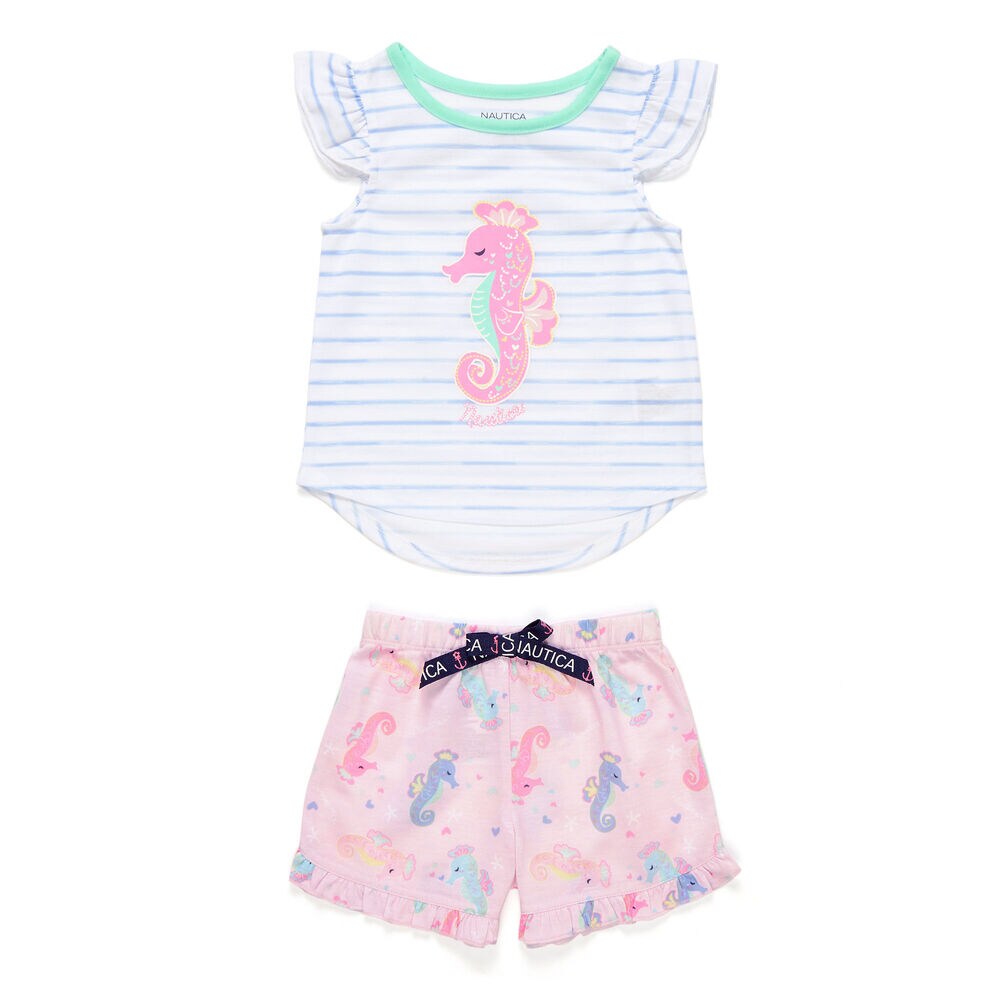 Toddler Girls' Seahorse + Striped PJ Shorts Set (2T-4T),Angel Blue,large