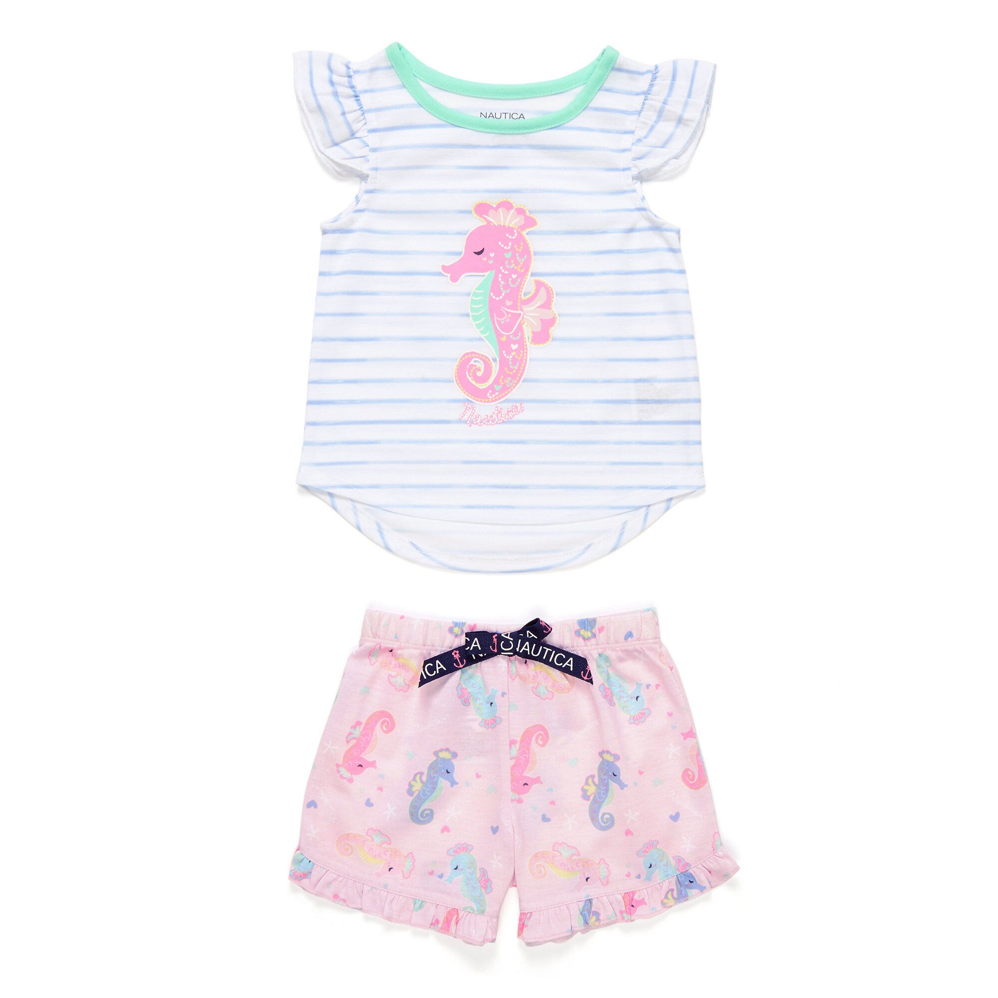 Toddler Girls' Seahorse + Striped PJ Shorts Set (2T-4T),Angel Blue,large