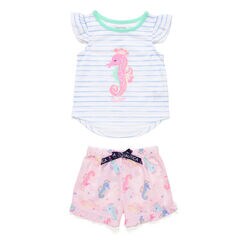 Toddler Girls' Seahorse + Striped PJ Shorts Set (2T-4T),Angel Blue,large