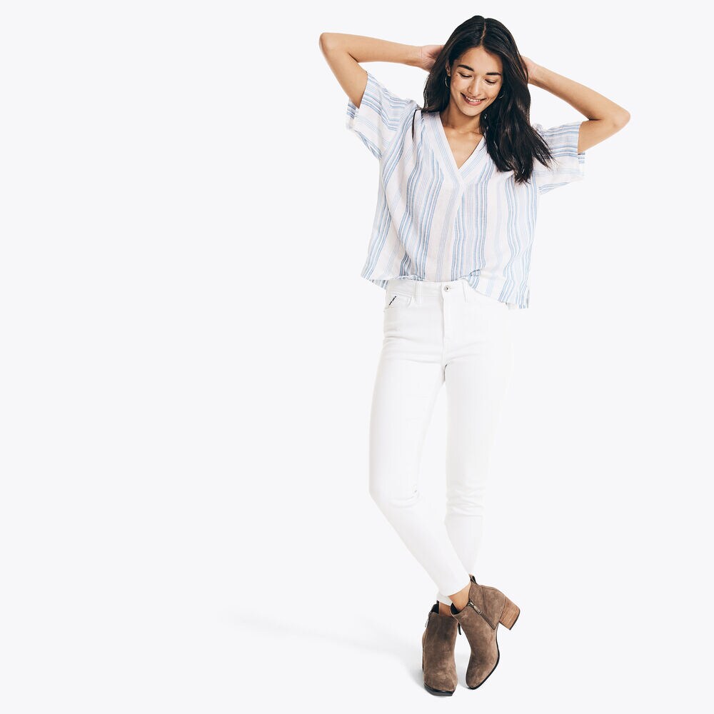 STRIPED V-NECK TOP,Bright White,large