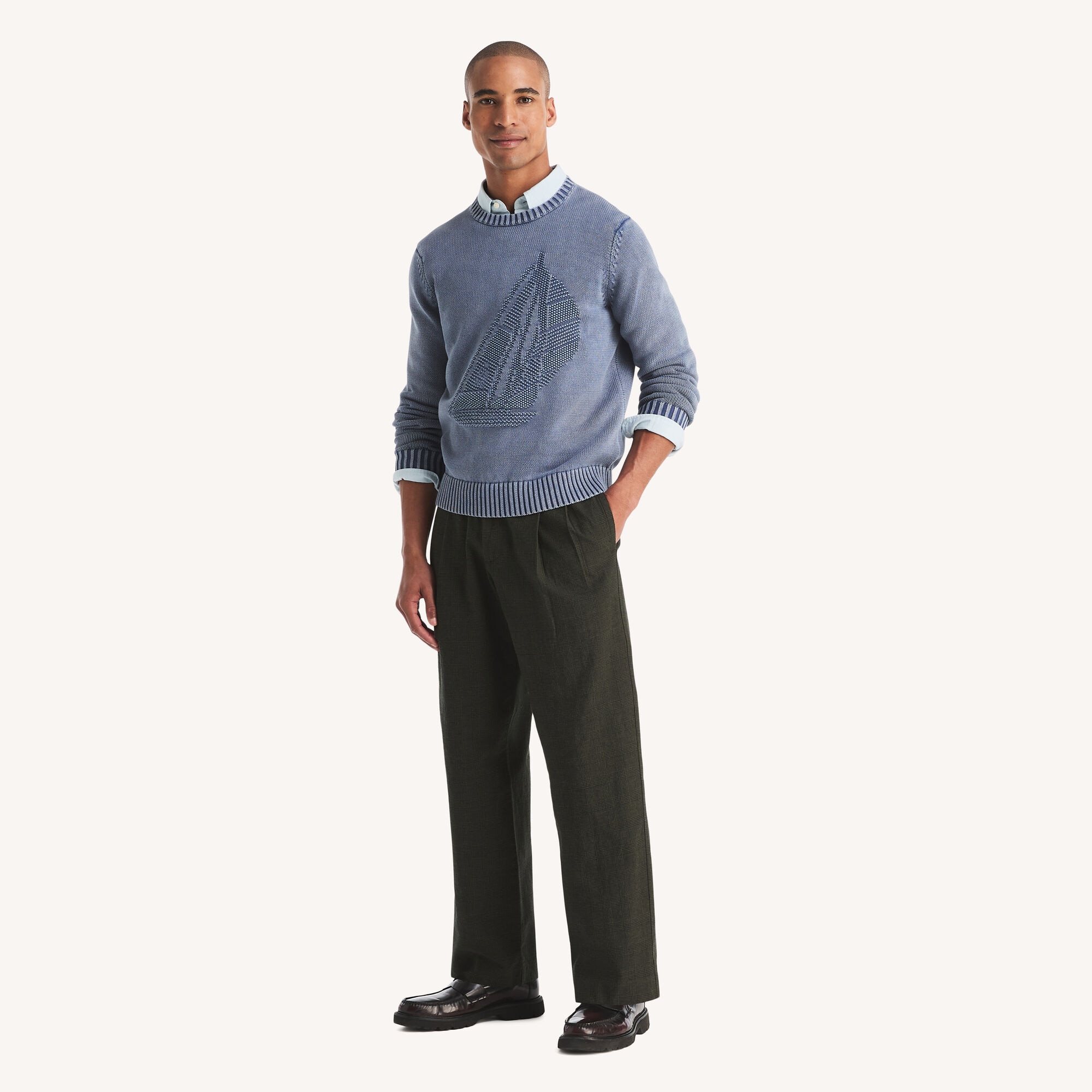 Plaid Pleated Linen Pant,Olive,large