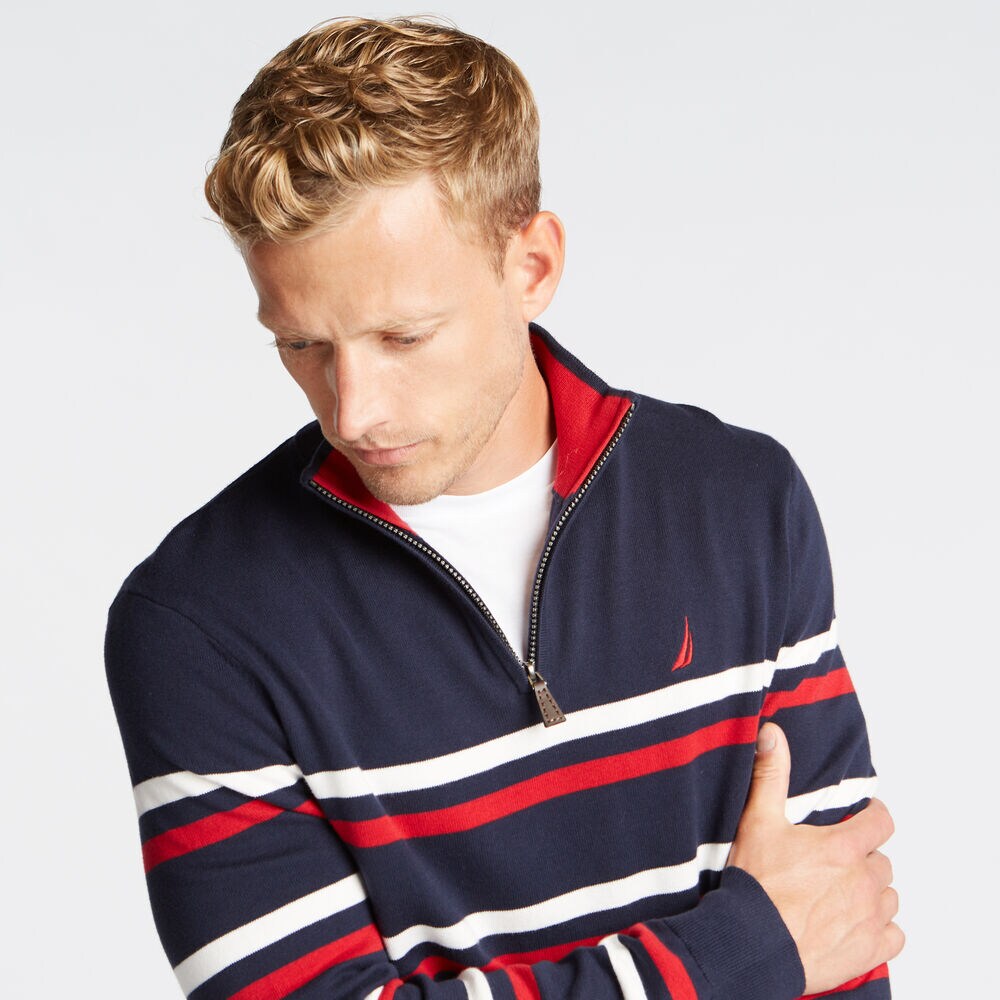 QUARTER ZIP BRETON STRIPED SWEATER,Navy,large