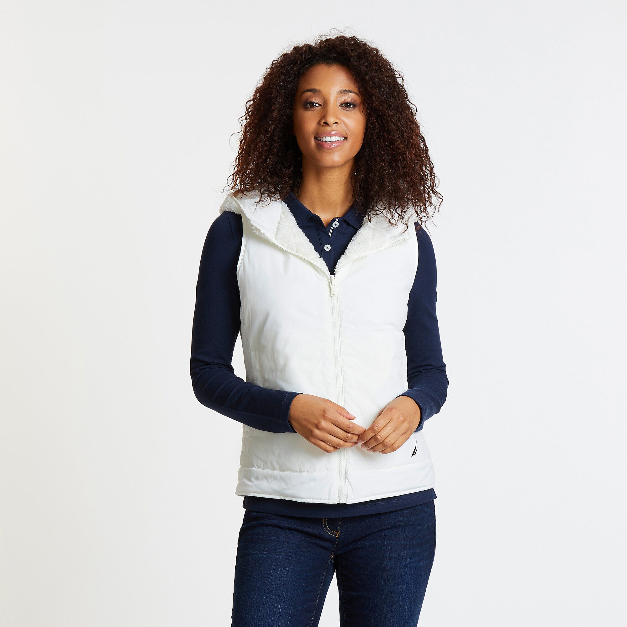 Reversible Quilted Sherpa Fleece Vest,Marshmallow,large