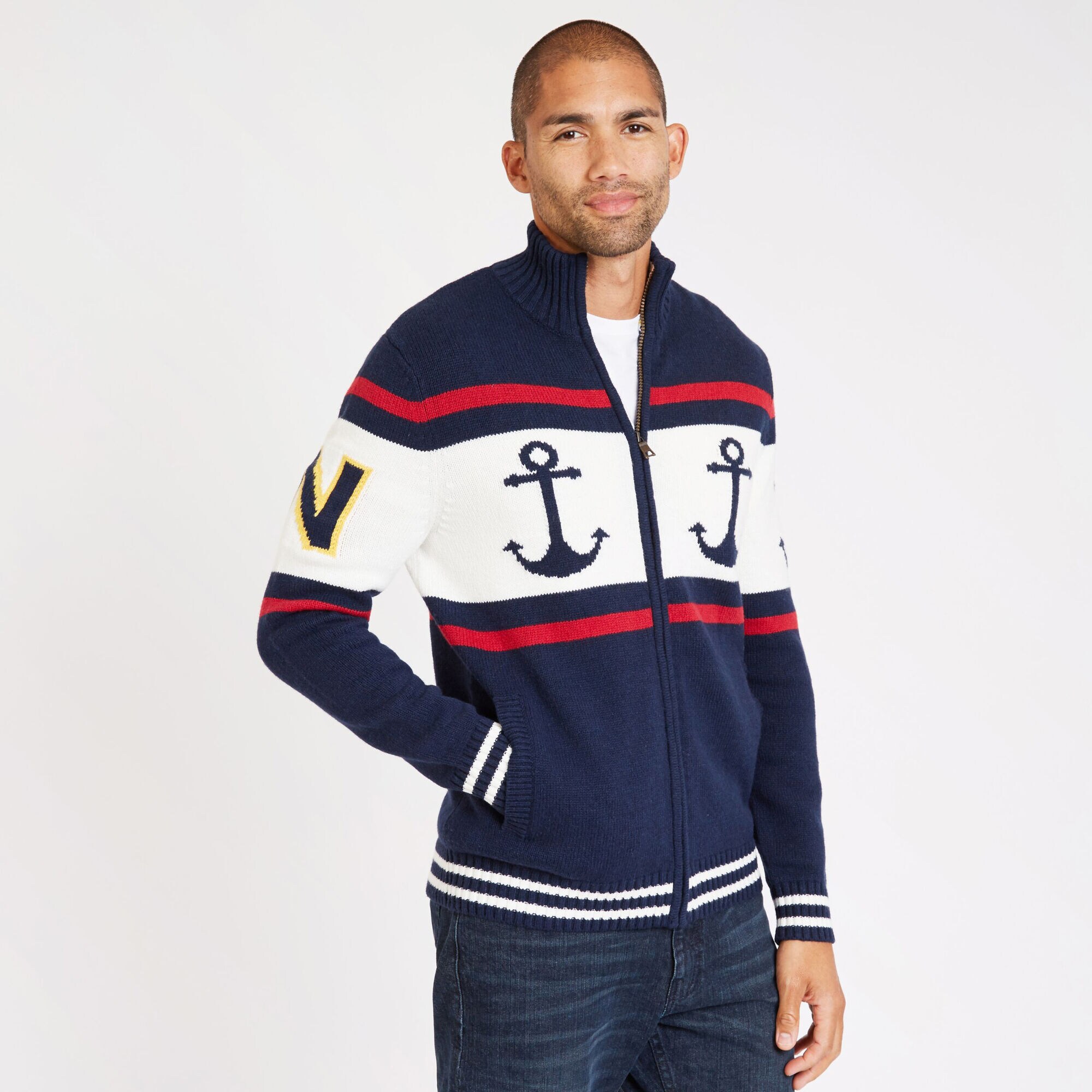 FAIRISLE ANCHOR FULL-ZIP SWEATER,Navy,large