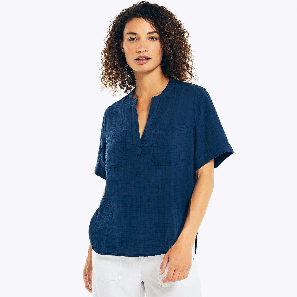 DOUBLE POCKET SPLIT-NECK SHIRT,Blue Depths,large