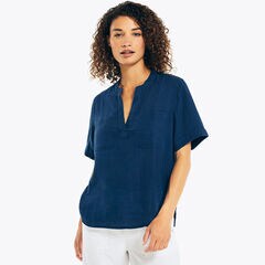 DOUBLE POCKET SPLIT-NECK SHIRT,Blue Depths,large