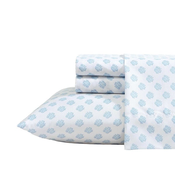Coastal Coral Blue Queen Sheet Set
