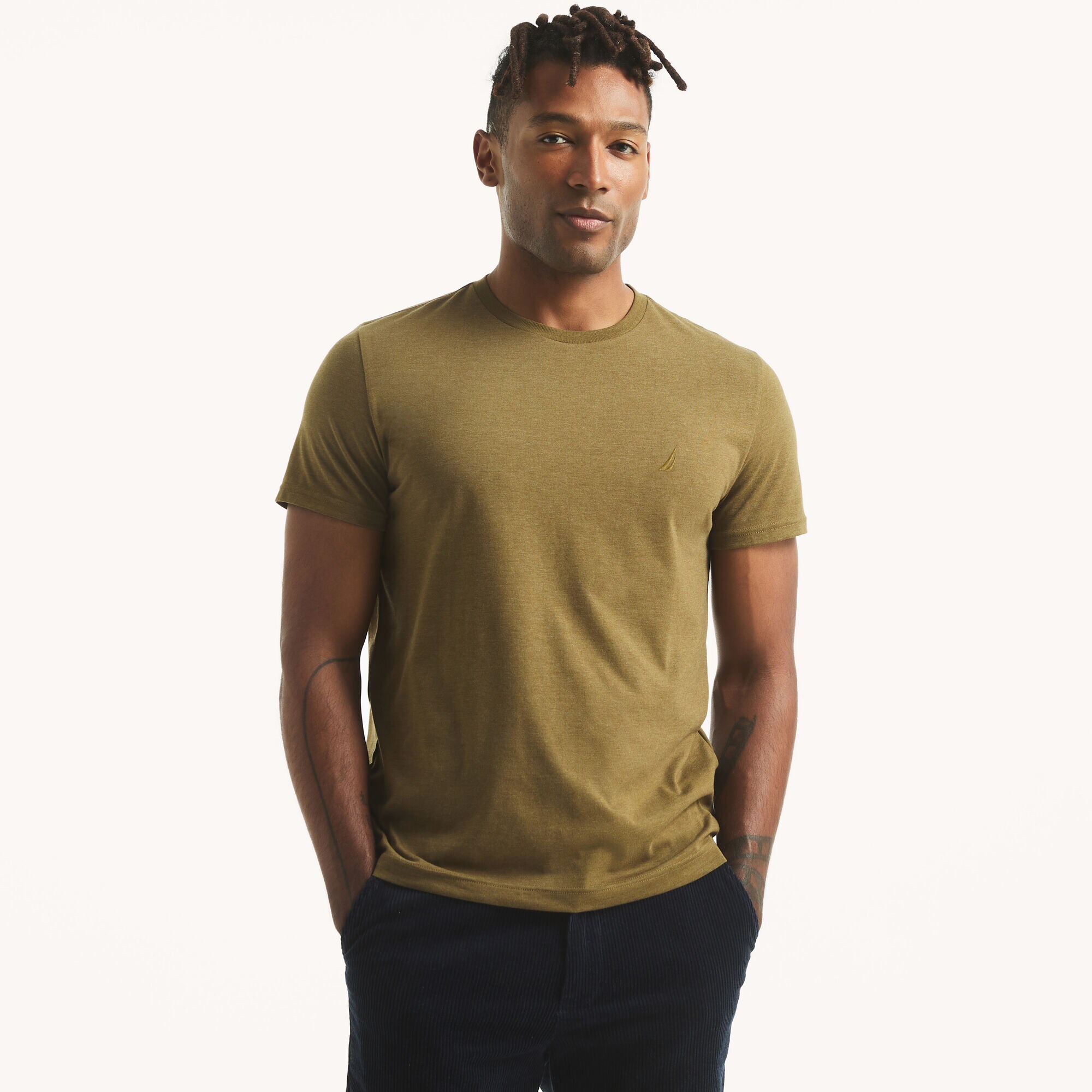 Heather Crewneck Deck T-Shirt,Green Tea,large