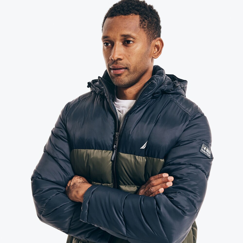 COLORBLOCK PUFFER JACKET,Hillside Olive,large