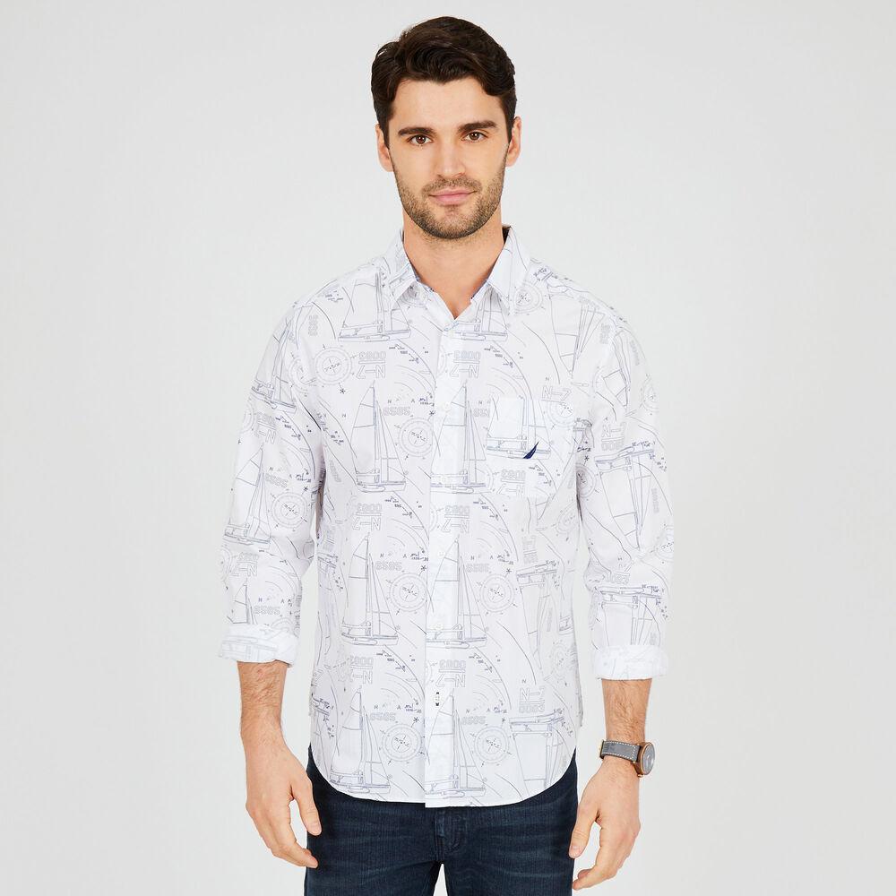 Long Sleeve Classic Fit Graphic Button Down,Bright White,large