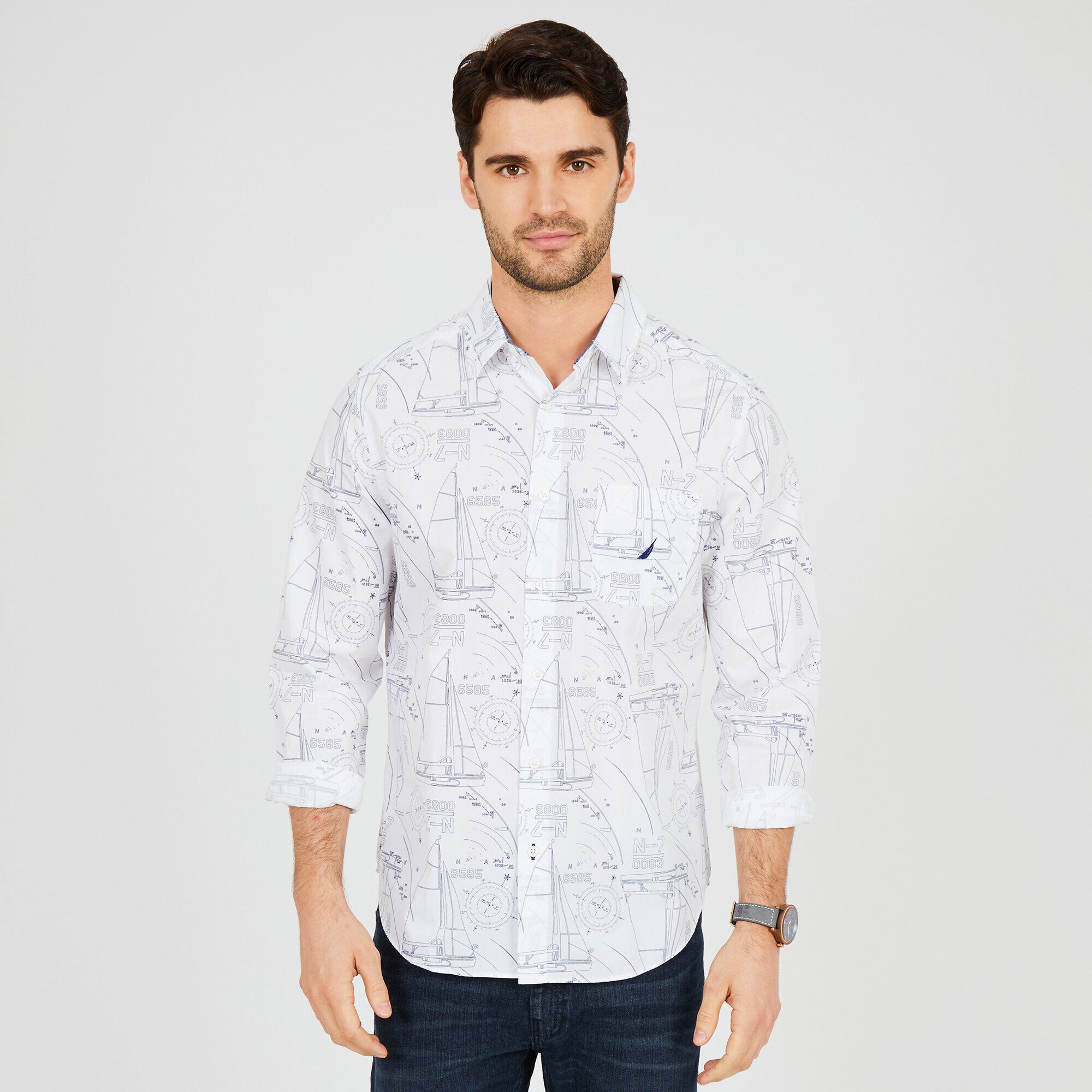 Long Sleeve Classic Fit Graphic Button Down,Bright White,large
