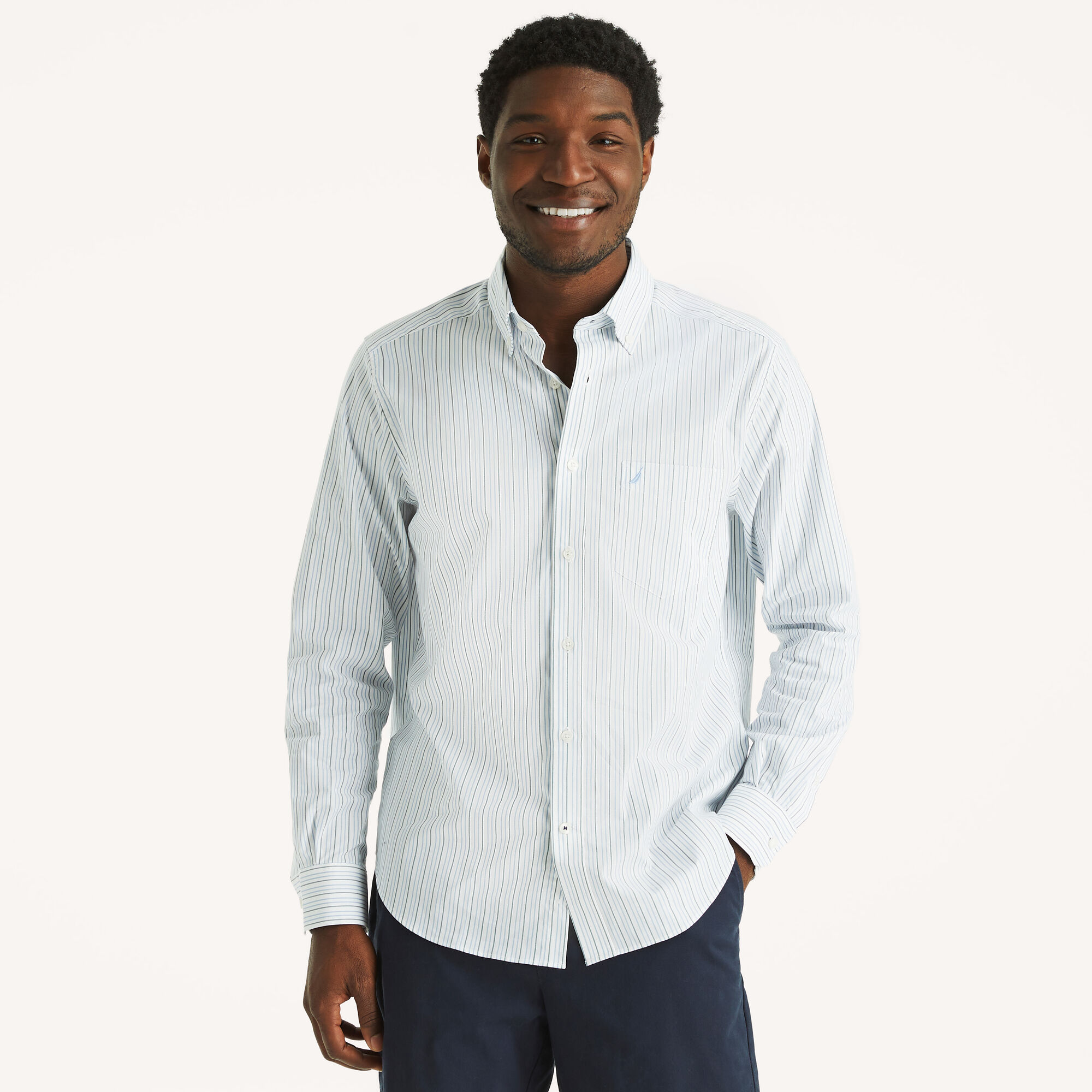 Classic Fit Wrinkle-Resistant Striped Shirt,Bright White,large
