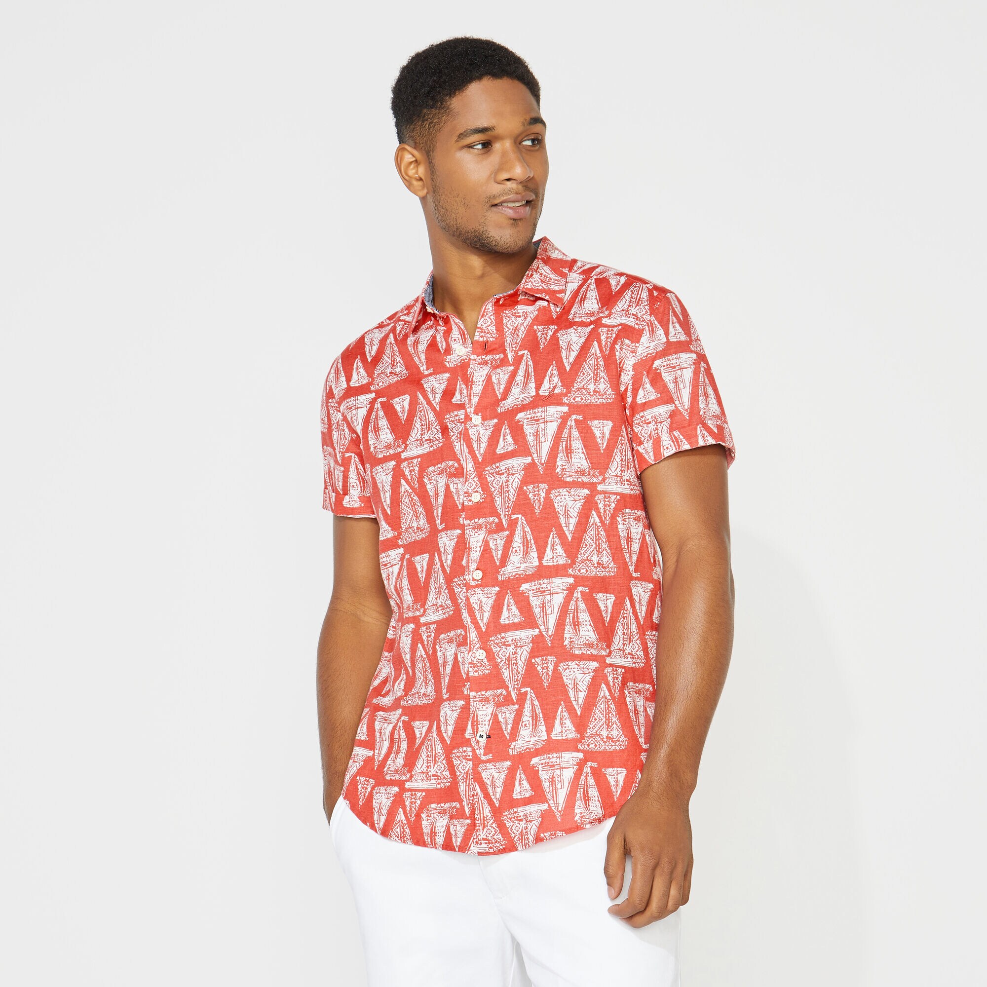 PRINTED LINEN SHORT SLEEVE SHIRT,Mineral Red,large