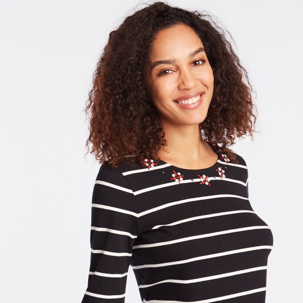 THREE-QUARTER SLEEVE EMBELLISHED STRIPE TOP,True Black,large