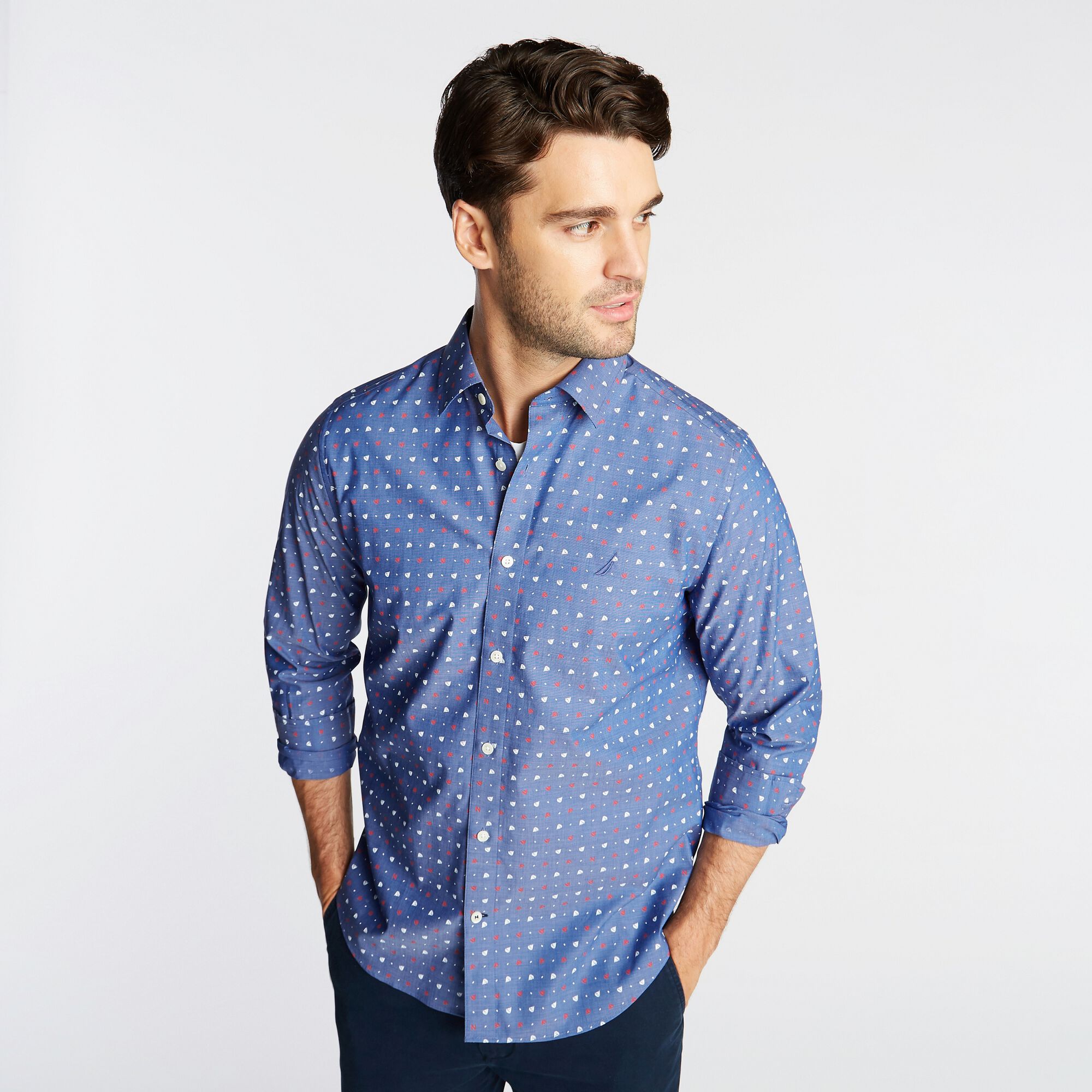 CLASSIC FIT WRINKLE-RESISTANT BOAT PRINT SHIRT,Limoges,large