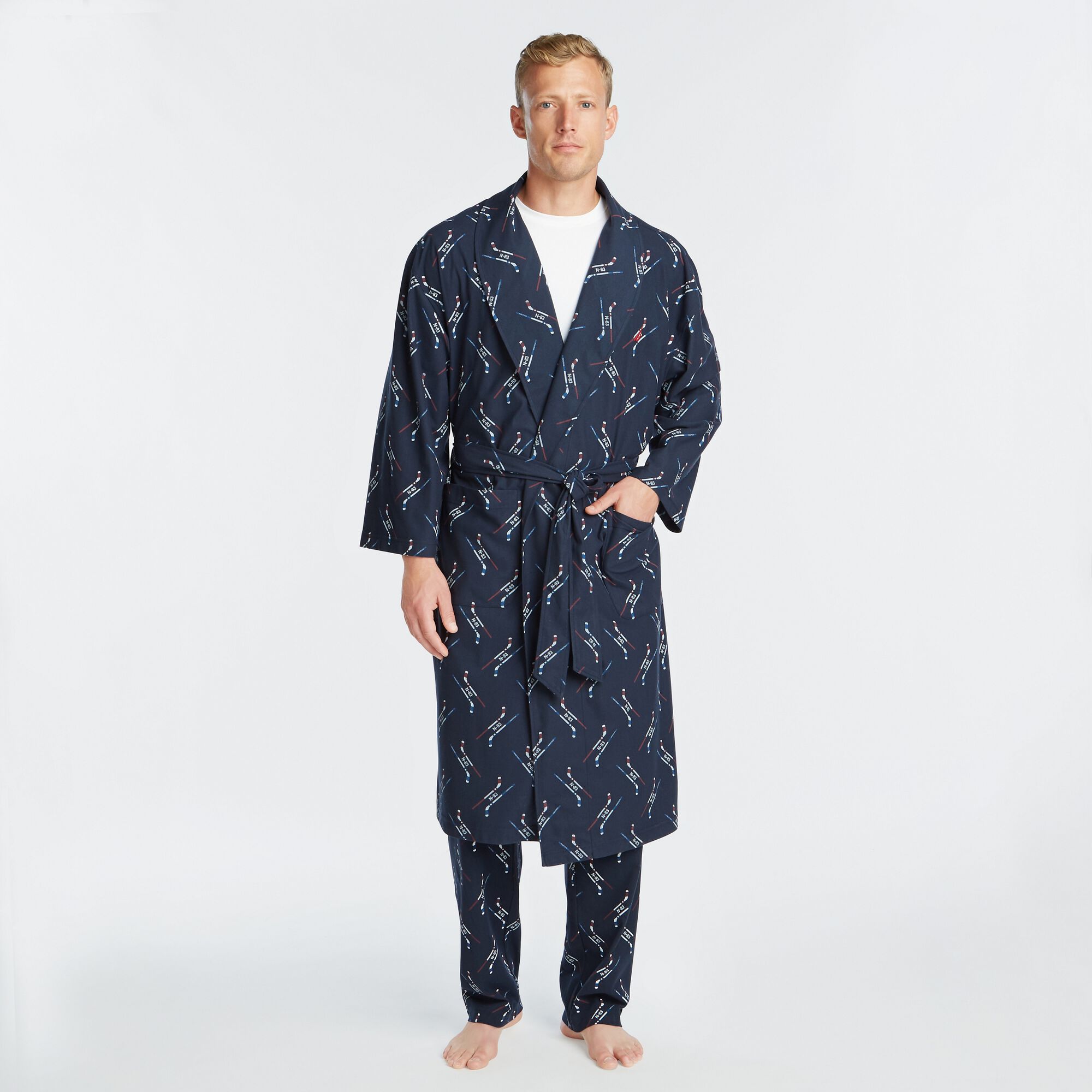 HOCKEY STICK PRINT KNIT ROBE,Navy,large