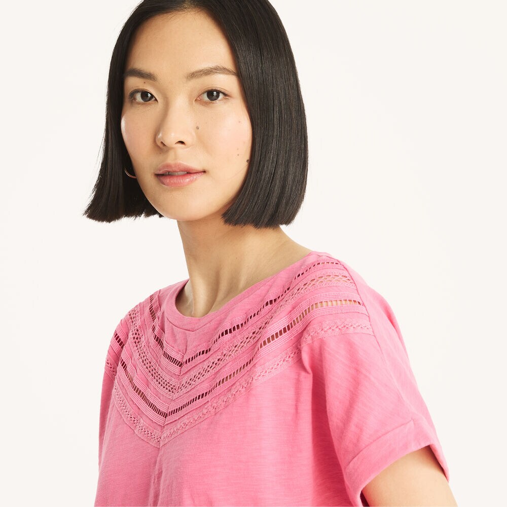 Lace Short-Sleeve Top,Pink,large