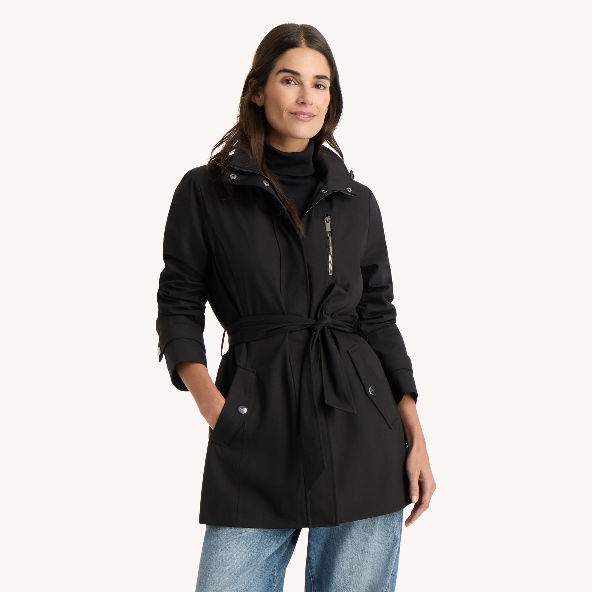 Belted Rain Coat,Black,large