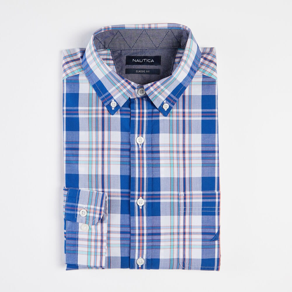 CLASSIC FIT LONG SLEEVE PLAID SHIRT,Windsurf Blue,large