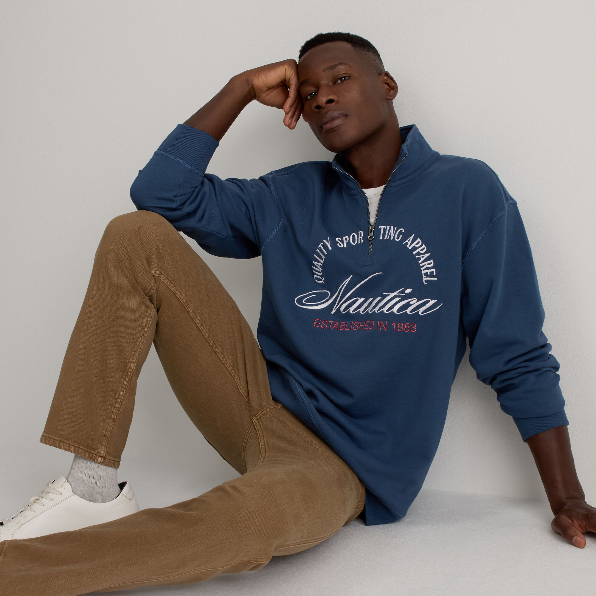 French Terry Logo Quarter-Zip,Workshirt Blue,large