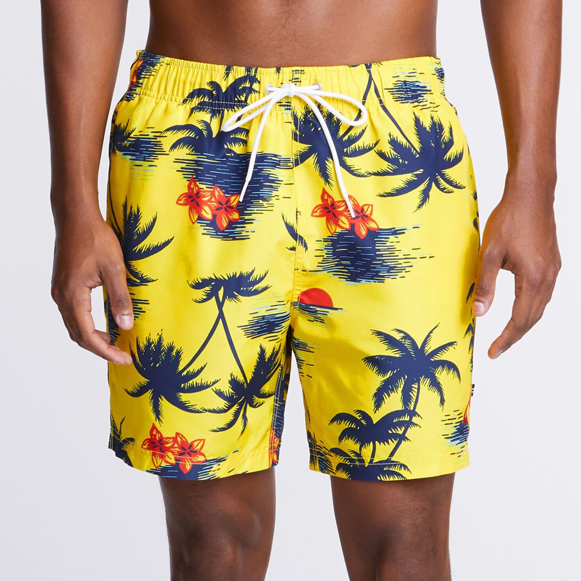 Big & Tall Hawaiian Palm Motif Full-Elastic Swim Shorts - 6" Inseam,Yellow Zest,large