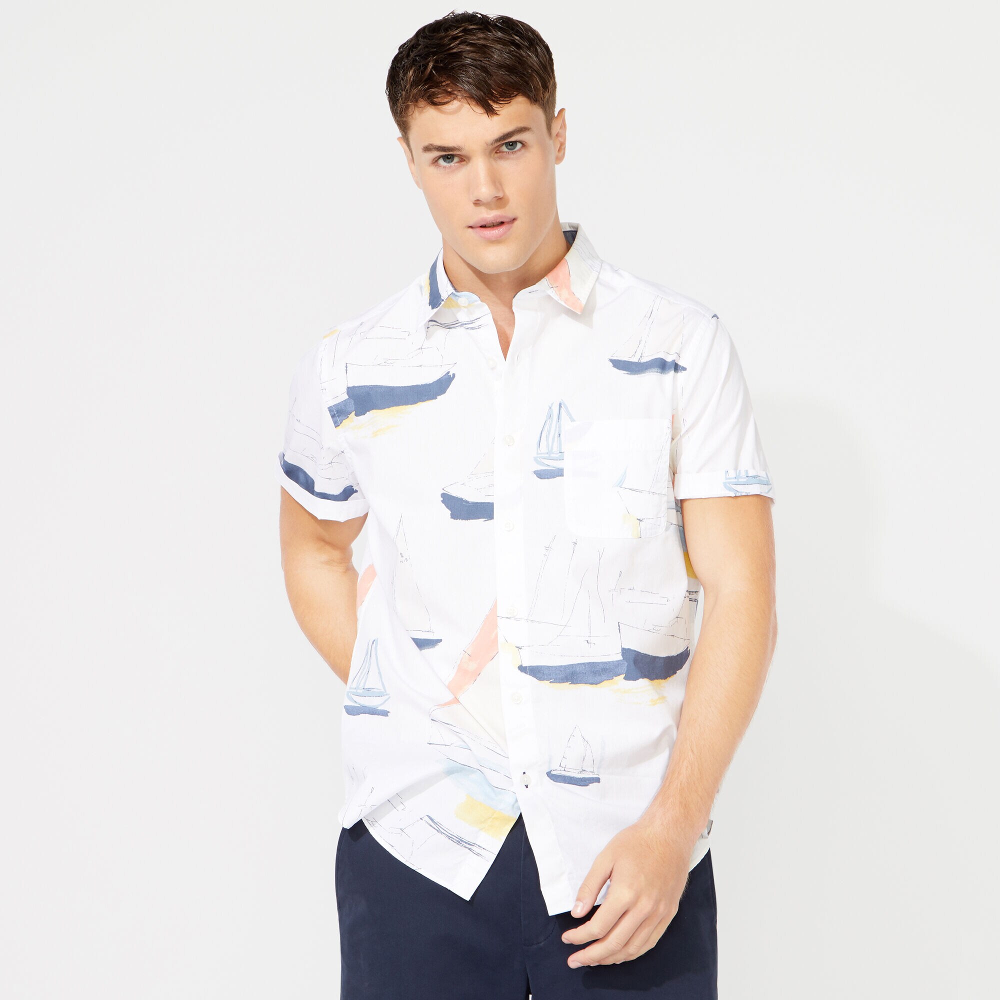 CLASSIC FIT NAUTICAL BOAT PRINTED SHIRT,Bright White,large