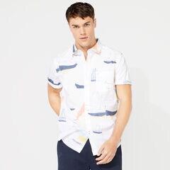 CLASSIC FIT NAUTICAL BOAT PRINTED SHIRT,Bright White,large