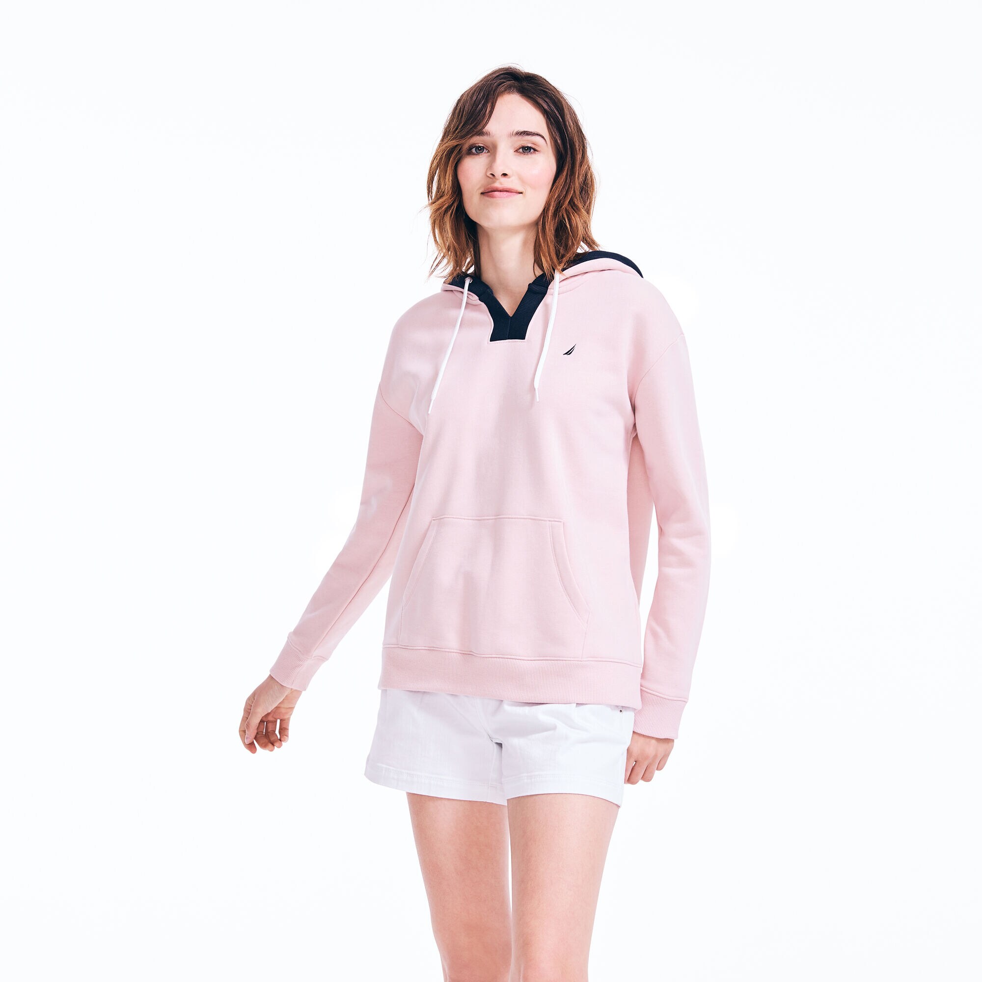 SPLIT NECK PULLOVER HOODIE,New Pink,large