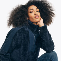 Faux Shearling Mixed Media Quarter-Zip Jacket,Stellar Blue Heather,large