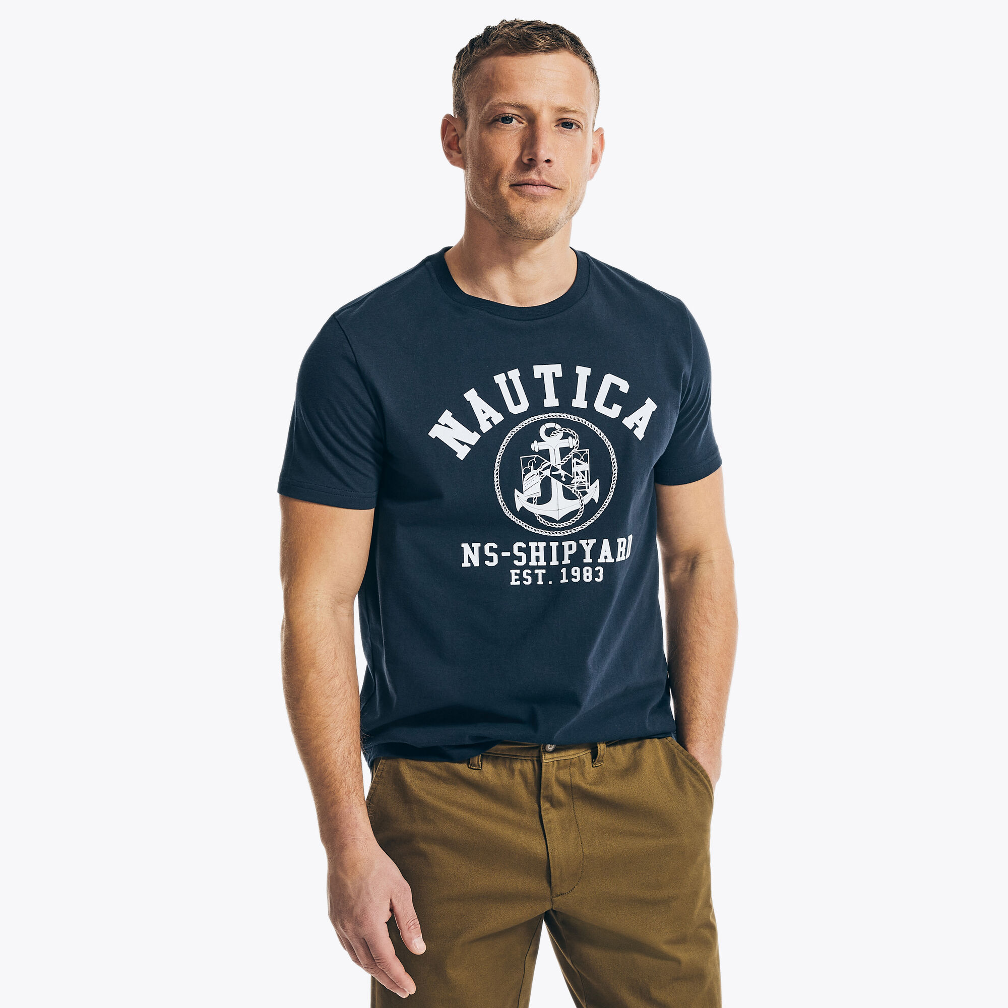 SUSTAINABLY CRAFTED NS-83 GRAPHIC T-SHIRT,Navy,large