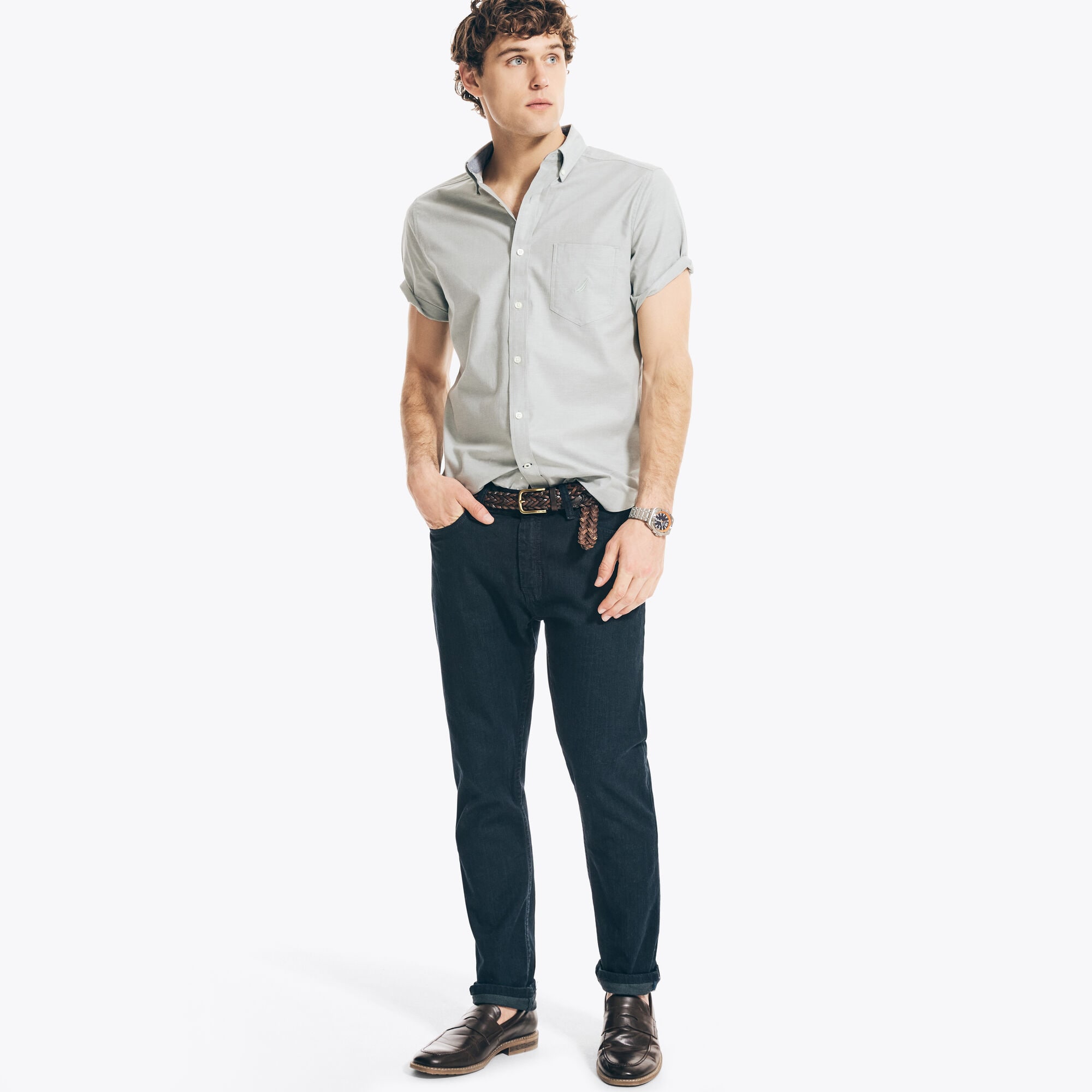 BIG & TALL SHORT-SLEEVE OXFORD SHIRT,Jade Forest Heather,large