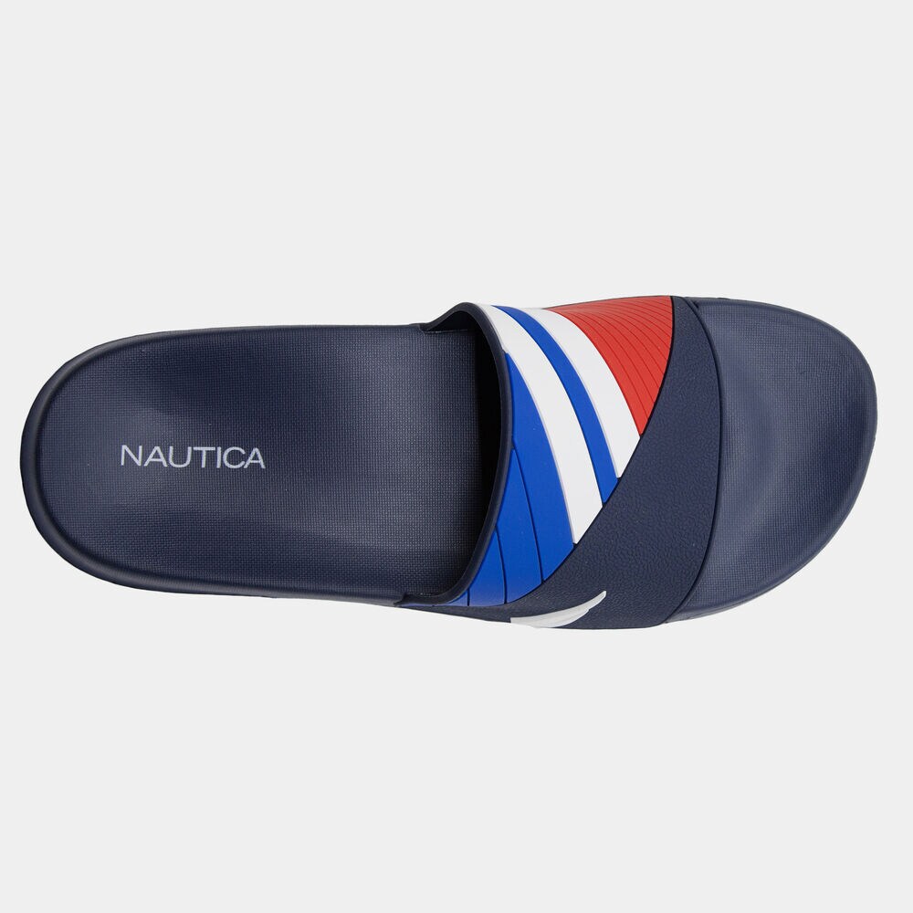 COLORBLOCK LOGO EMBOSSED STRIPE SLIDE SANDALS,Ice Blue,large