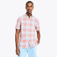 Heather Plaid Short-Sleeve Oxford Shirt,Sailor Red,large