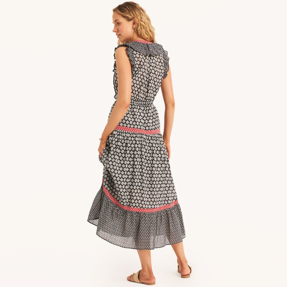 V-Neck Printed Tiered Dress,Navy,large