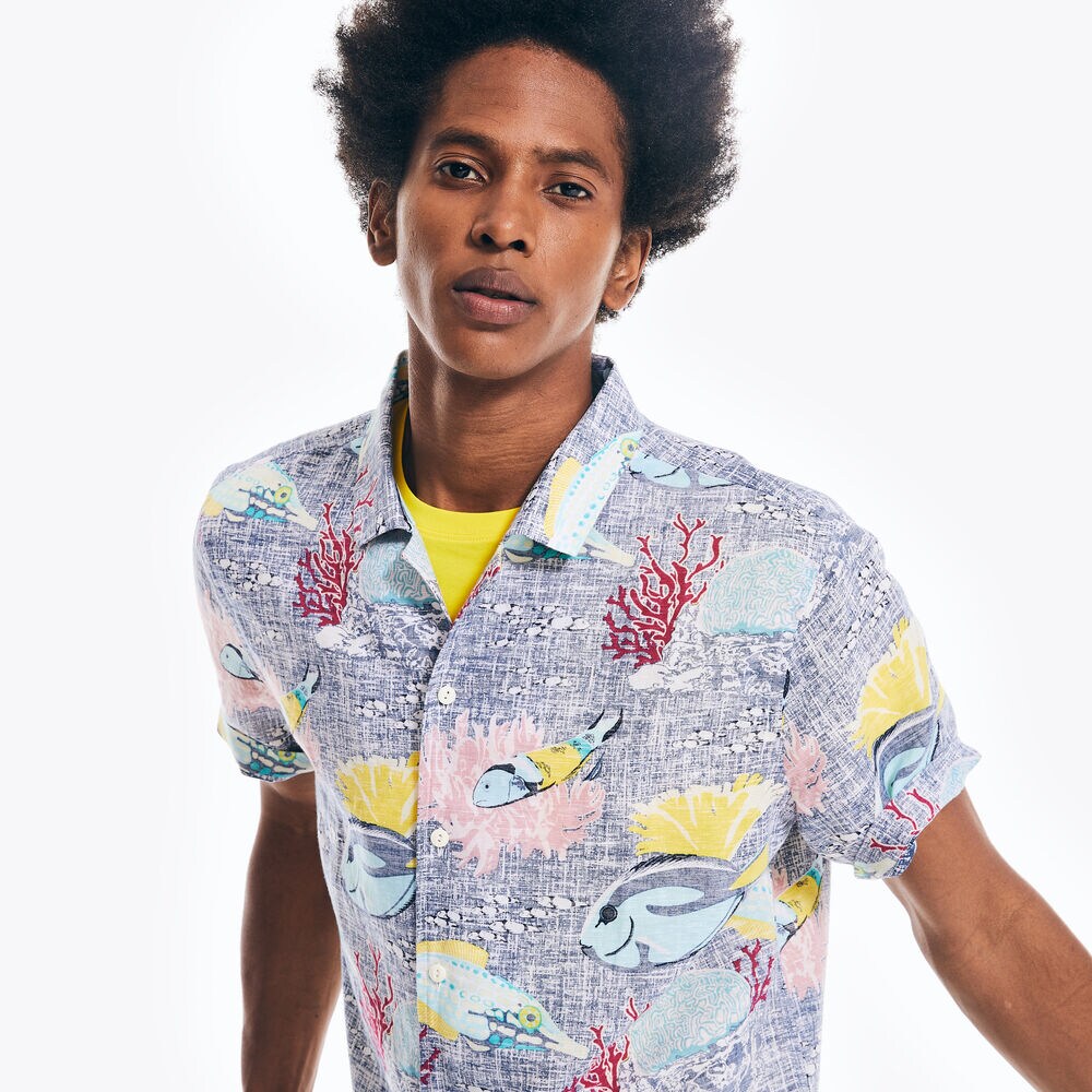 PRINTED SHORT-SLEEVE CAMP SHIRT,Pure Adriatic Sea Wash,large