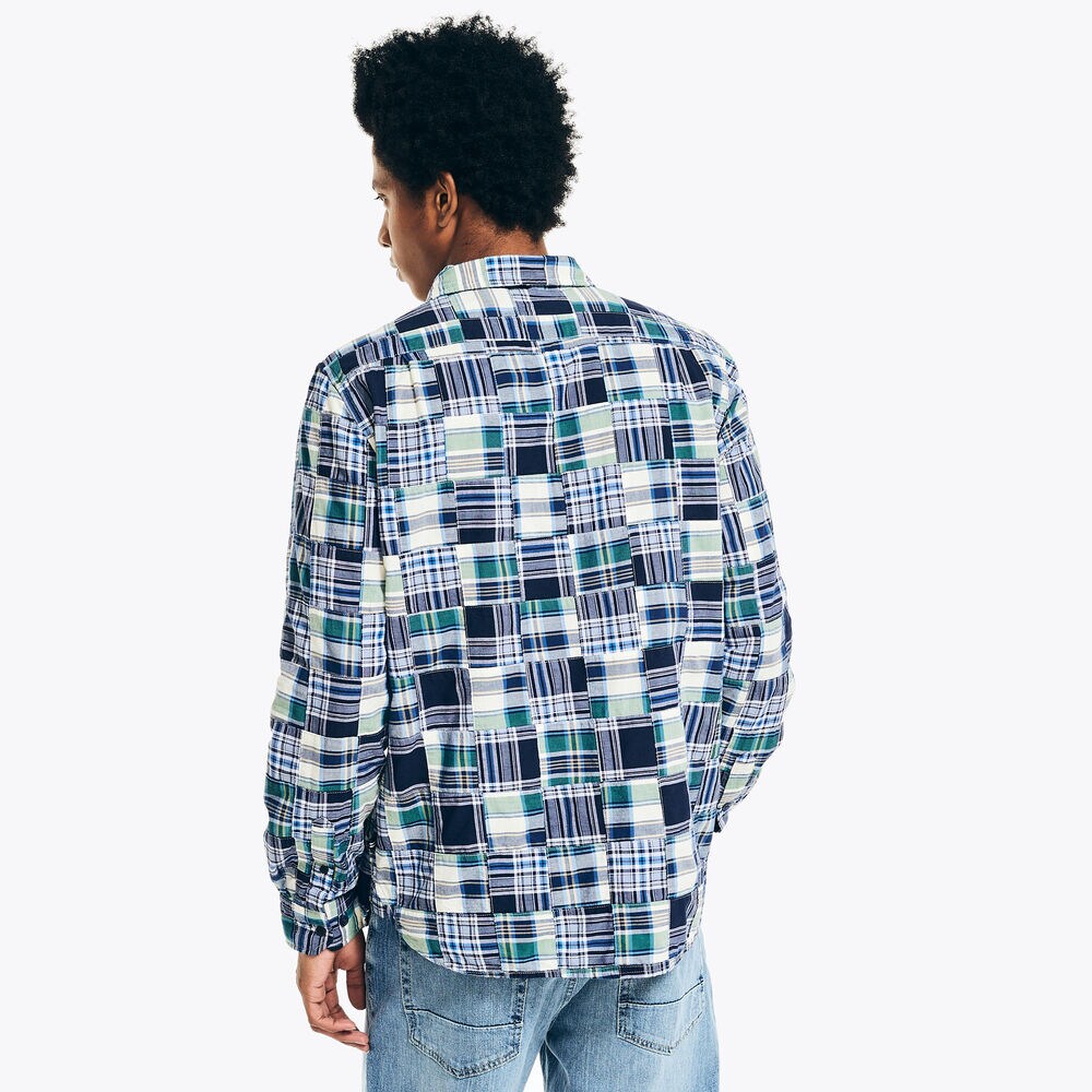 Patchwork Plaid Shirt,Peacoat,large