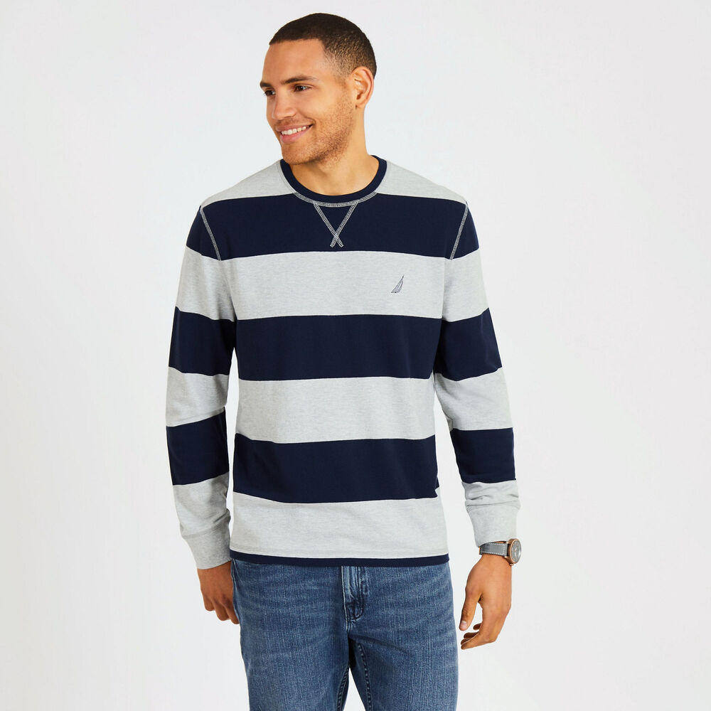 Rugby Stripe Crewneck Sweater,Grey Heather,large