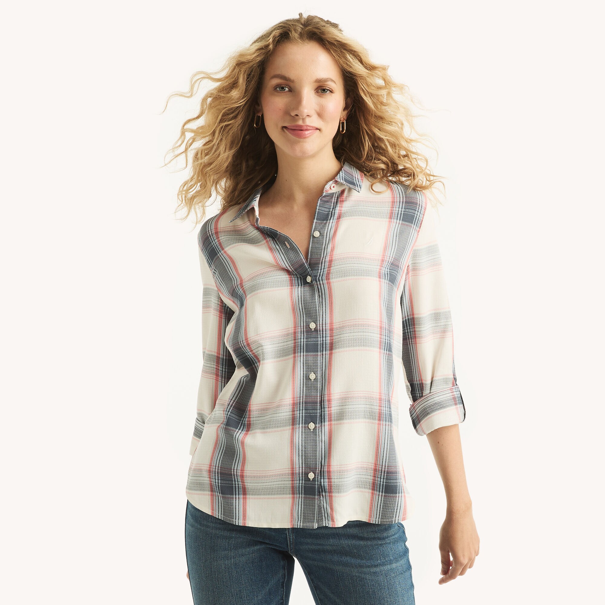 Plaid Button-Down Shirt,Pink,large