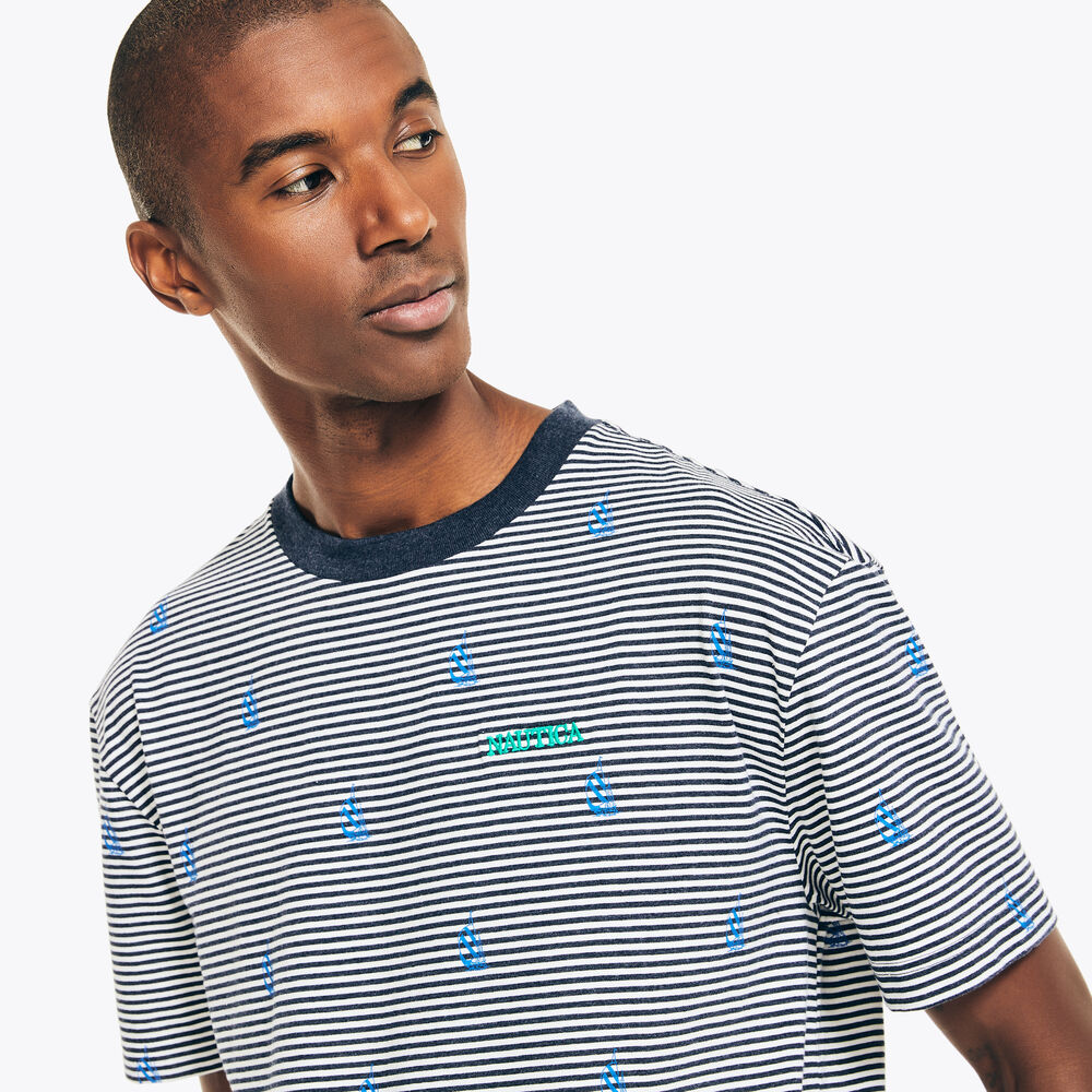 STRIPED CREWNECK T-SHIRT,Navy,large