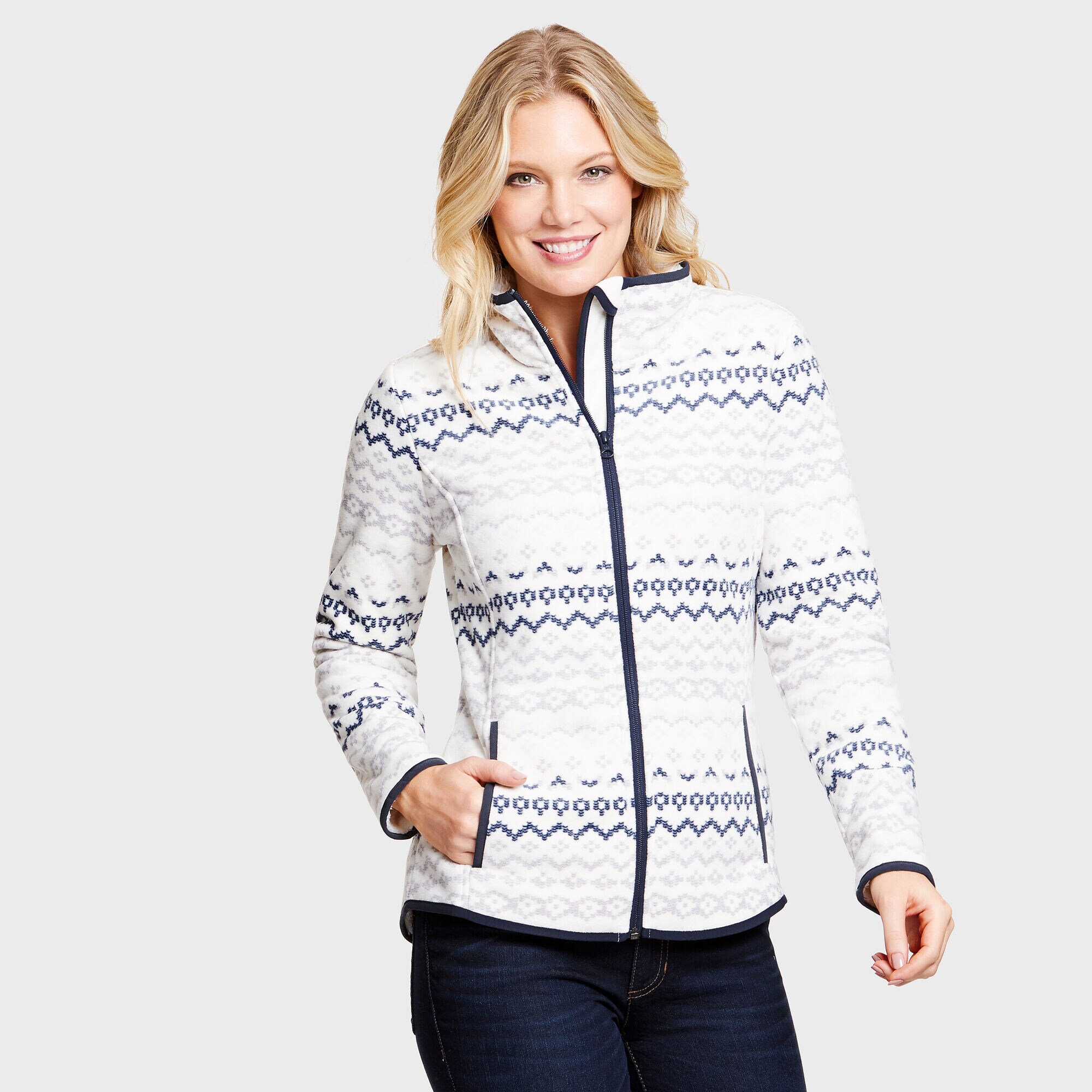 Sherpa Lined Fairisle Nautex Fleece Jacket,Marshmallow,large
