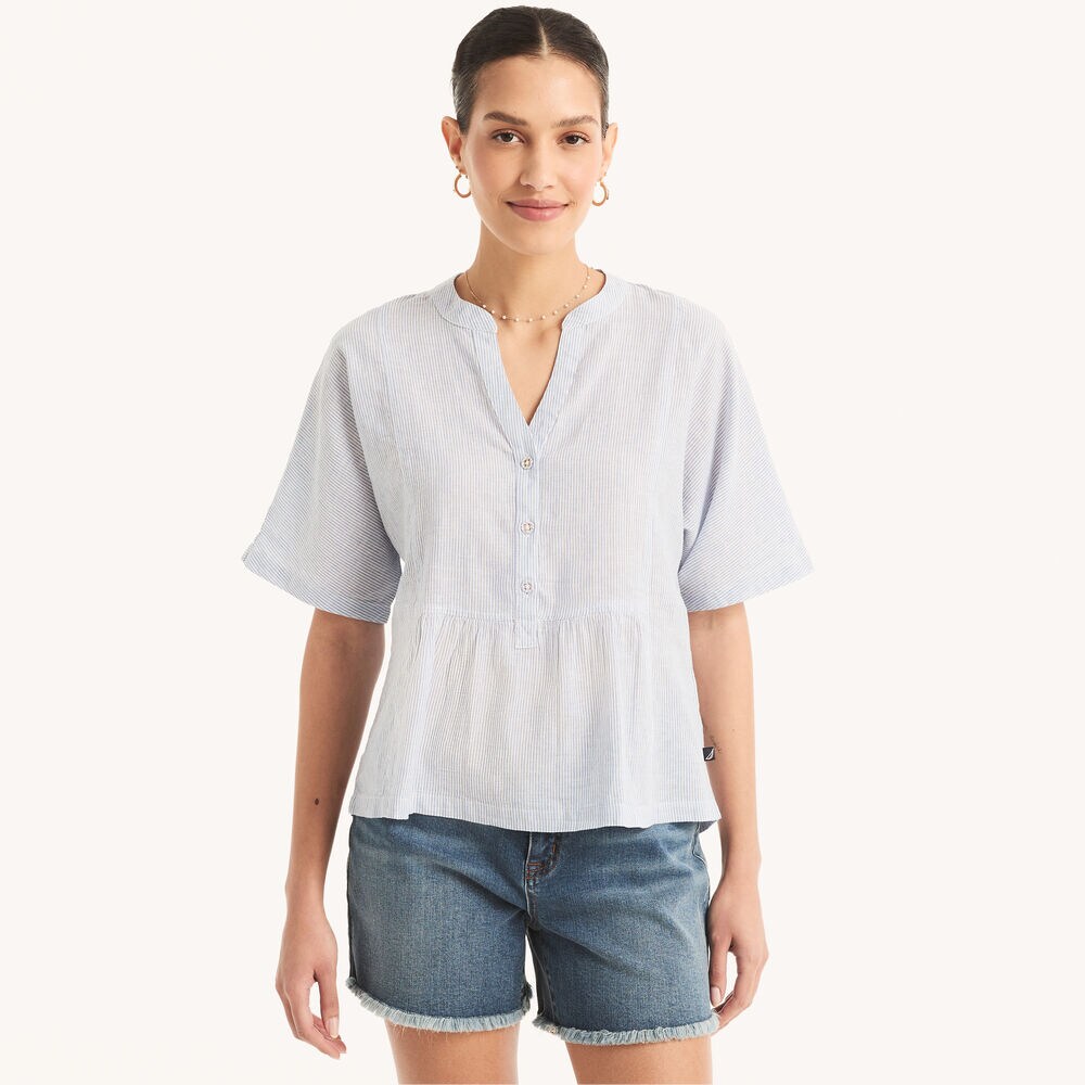 Striped Popover Linen Shirt,Tropic Wave,large