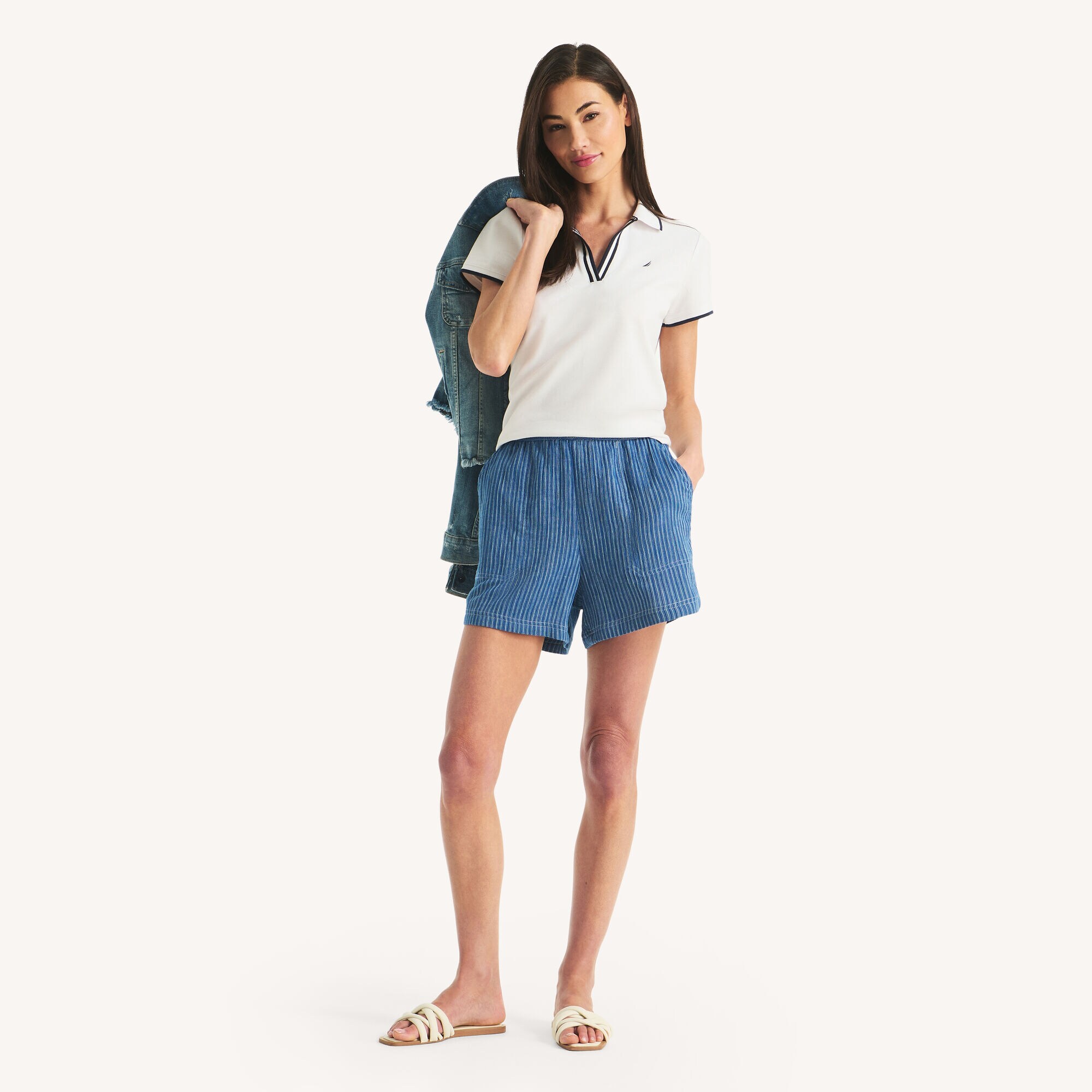 Striped Crinkle Pull-On Short,Dock Blue,large